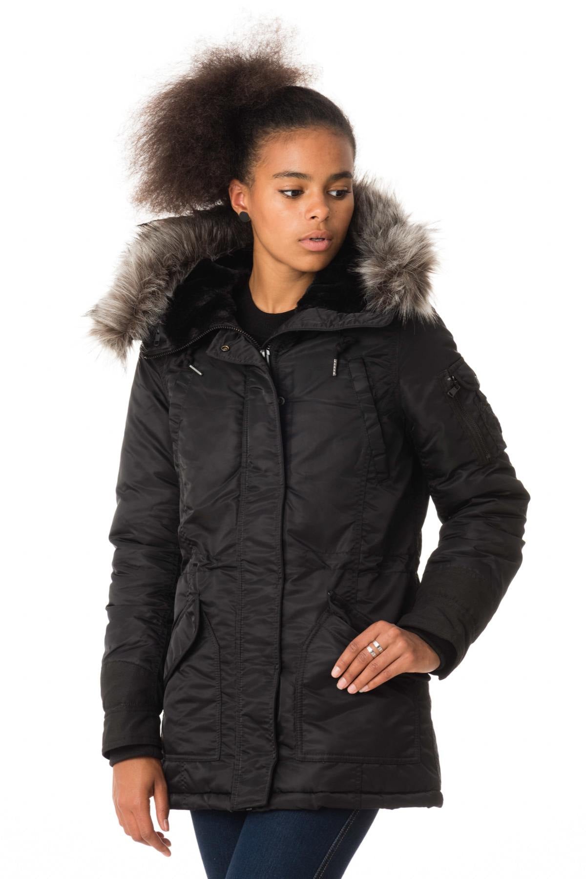 Women's black nylon parka with fur - Image n°1