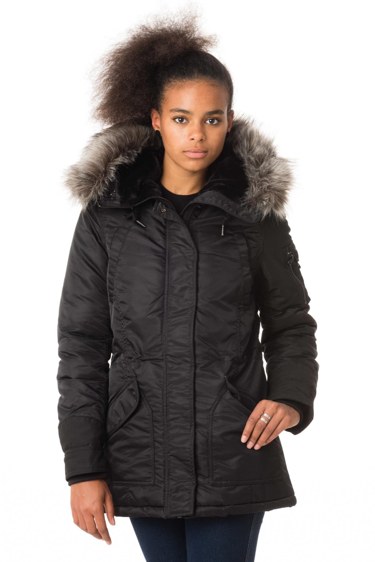 Women's black nylon parka with fur - Image n°4