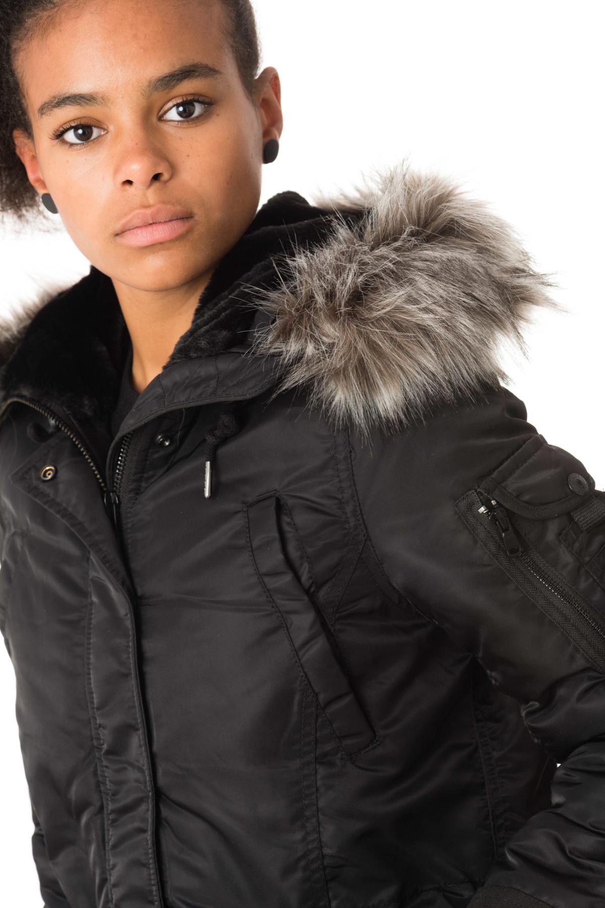 Women's black nylon parka with fur - Image n°7