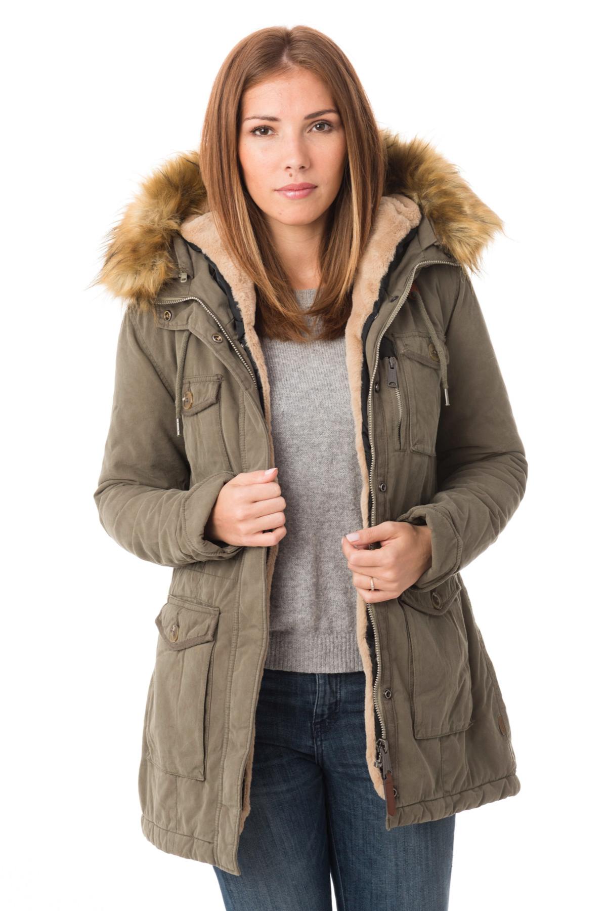 Women's khaki parka with acrylic fur - Image n°4