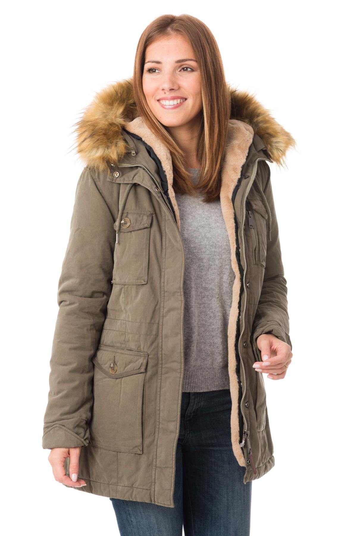 Women's khaki parka with acrylic fur - Image n°5