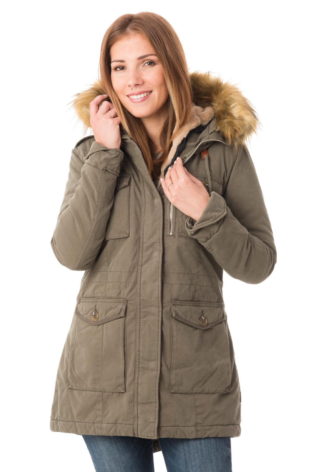 Women's khaki parka with acrylic fur - Image n°1