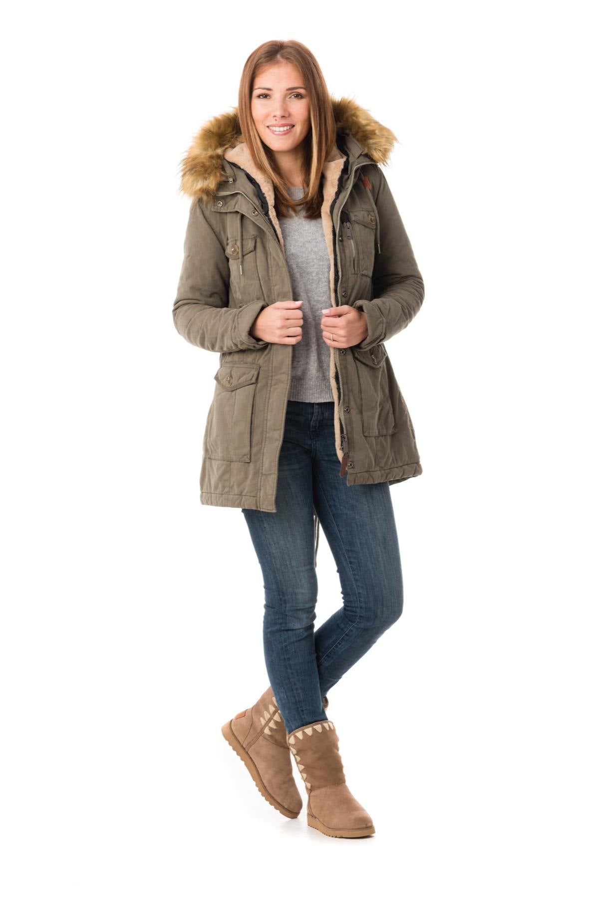 Women's khaki parka with acrylic fur - Image n°2