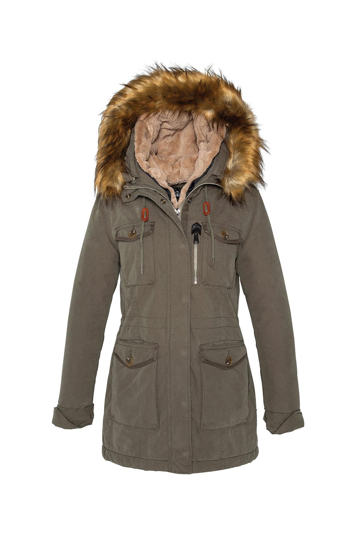 Women's khaki parka with acrylic fur - Image n°3