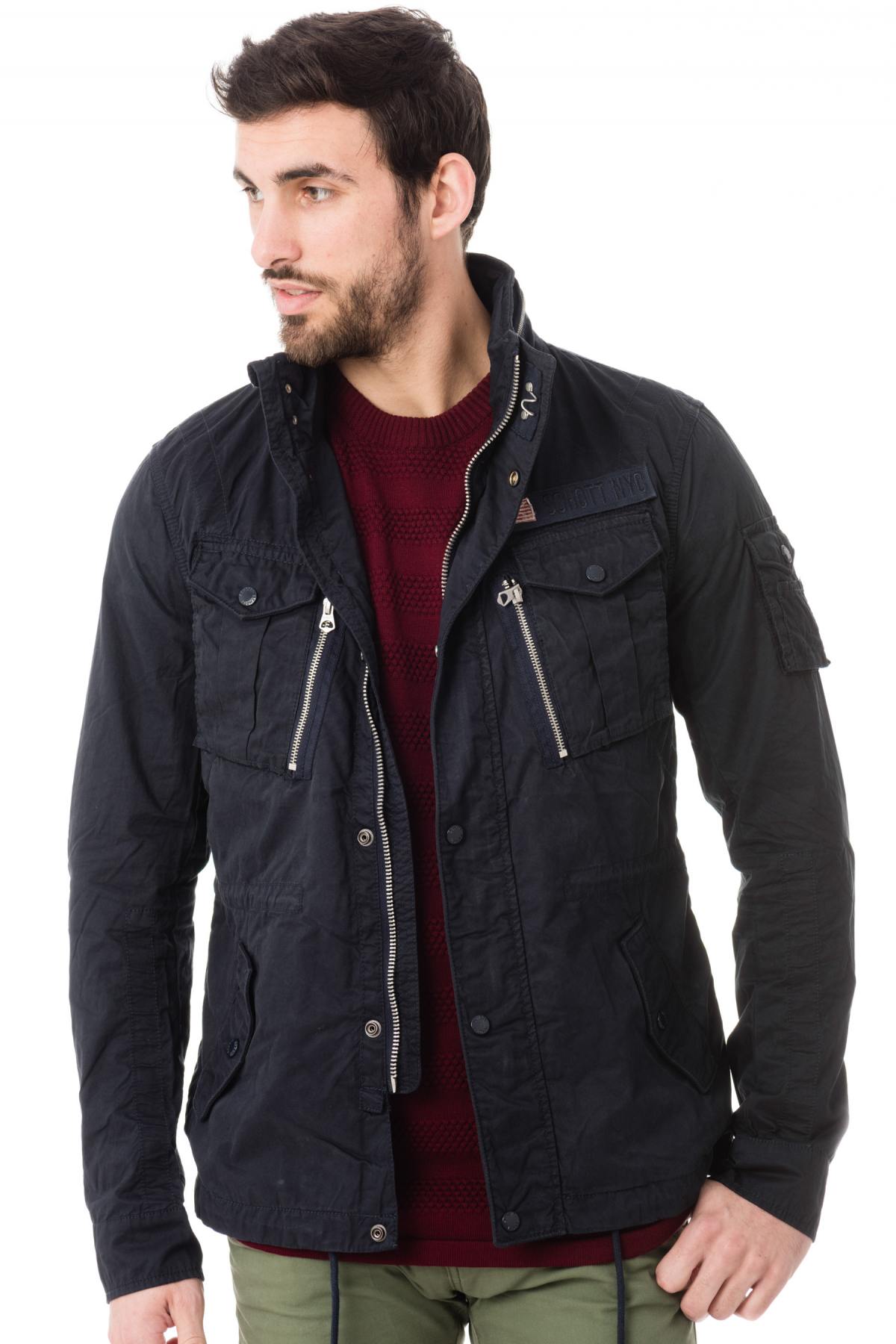 Schott mid-length cotton jacket for men in navy blue - Image n°3