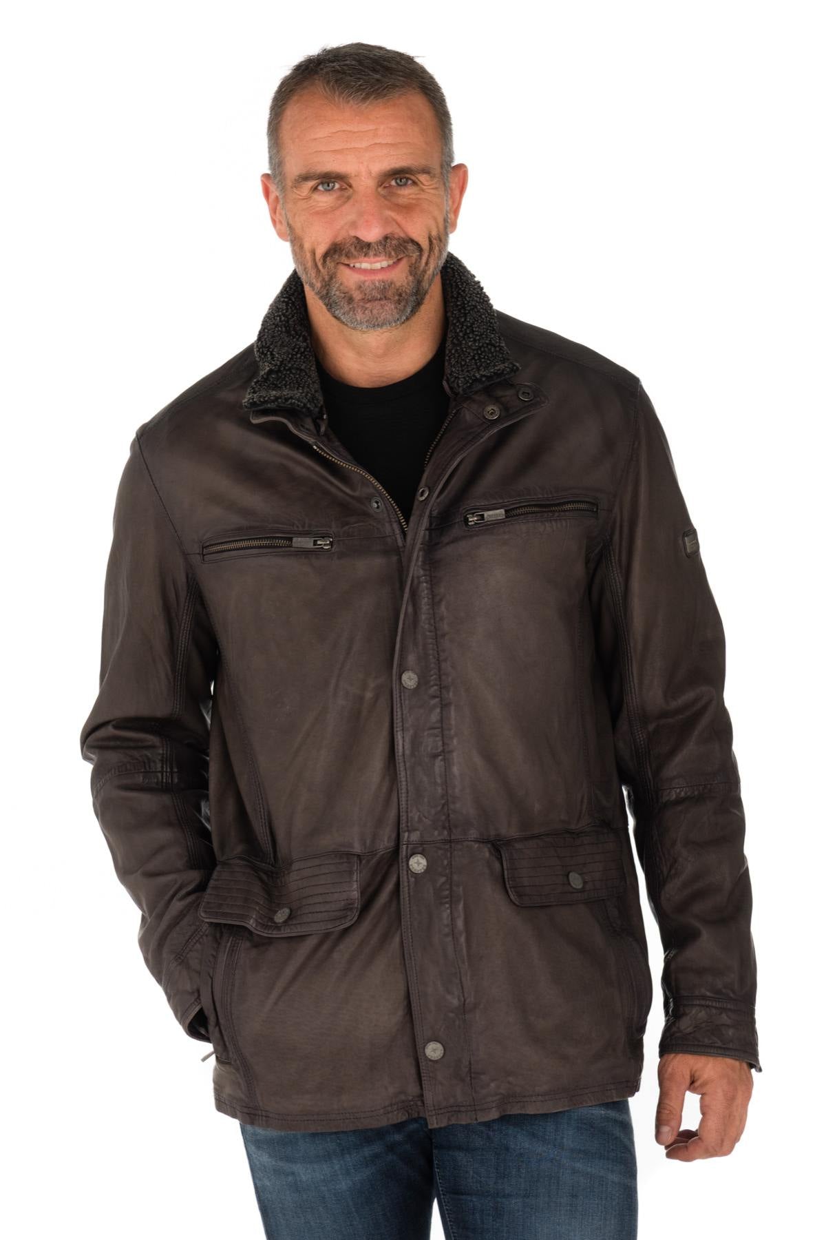 Trapper men's jacket in gray lambskin - Image n°1