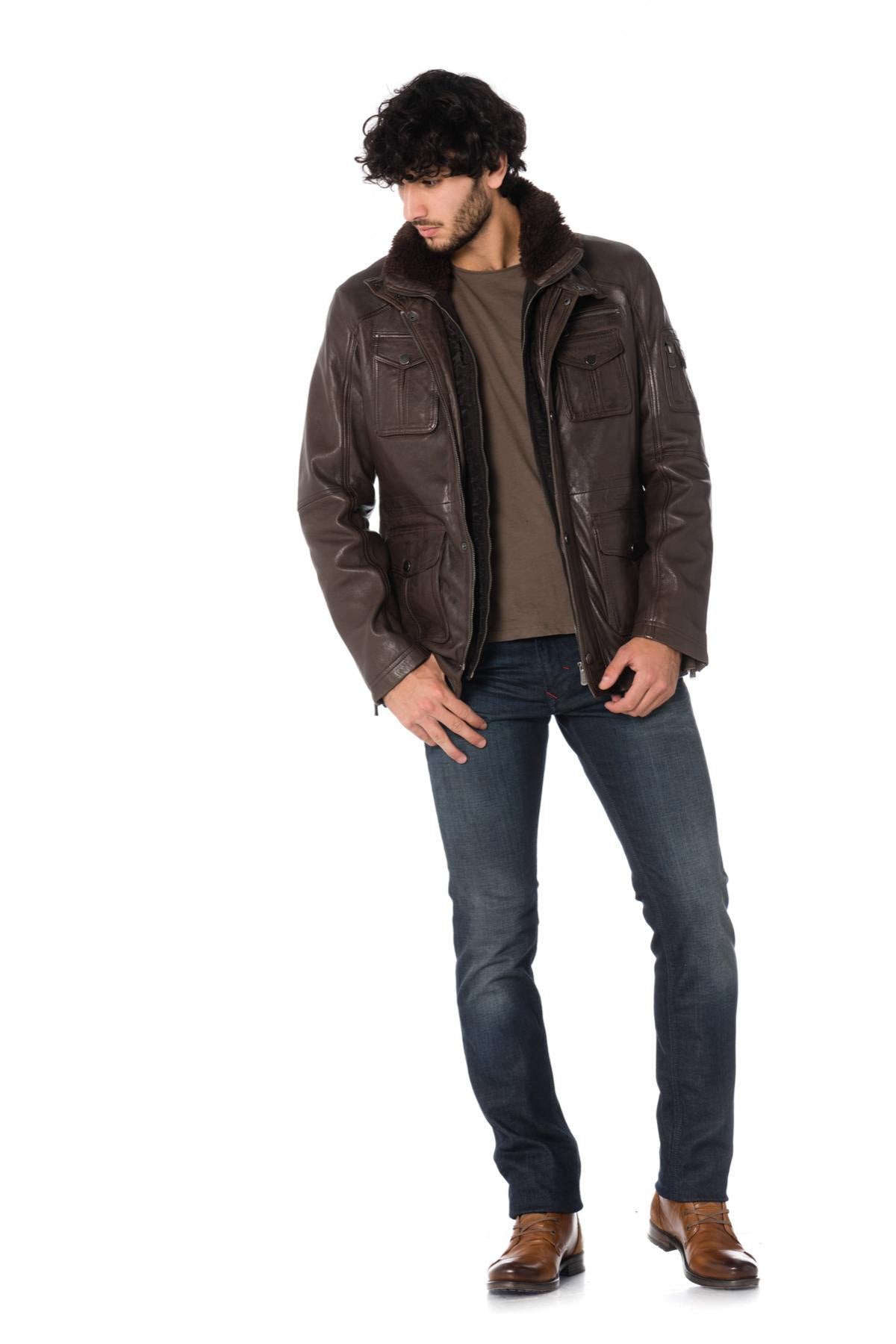 Deercraft men's brown sheepskin leather safari jacket - Image n°2