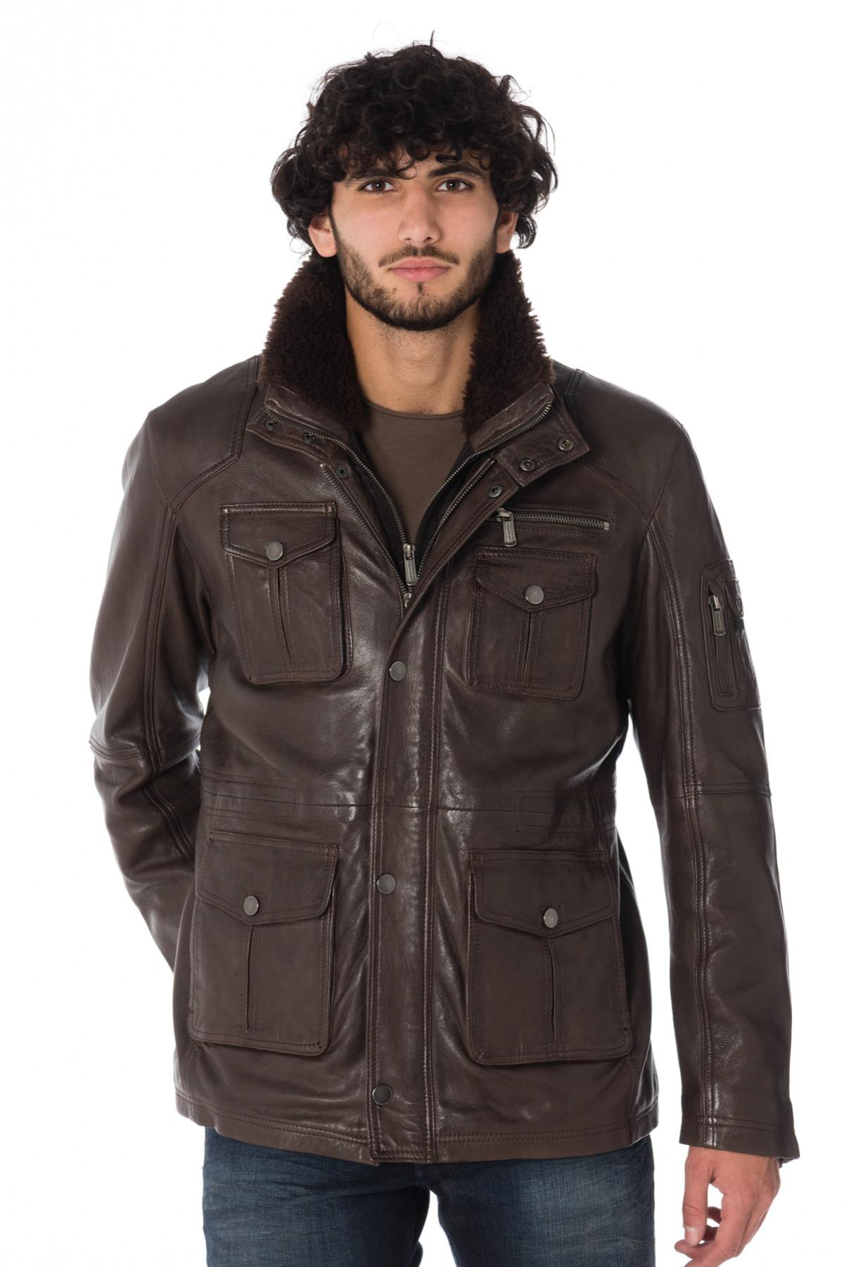 Deercraft men's brown sheepskin leather safari jacket - Image n°1