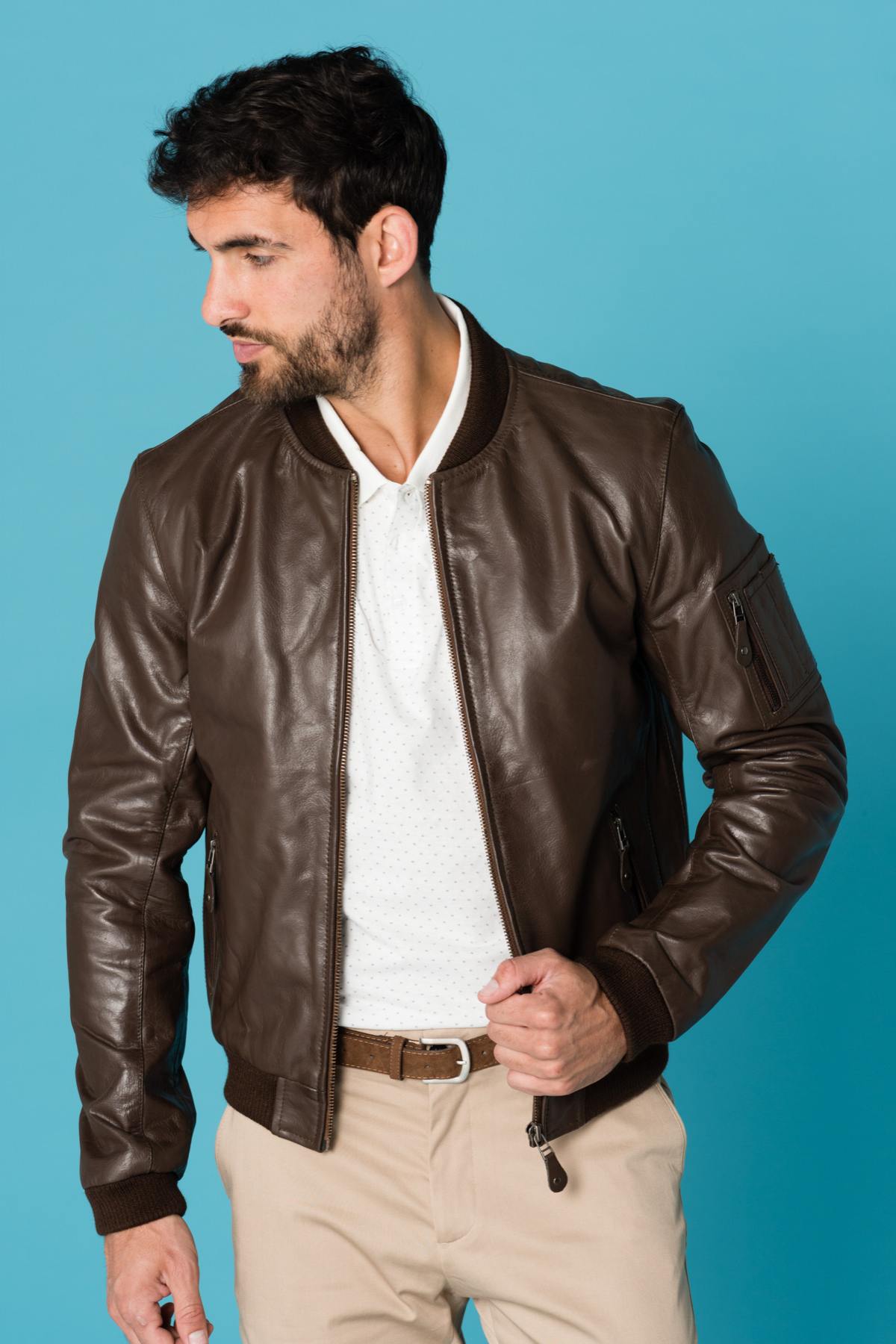 Cognac buffalo leather bomber jacket - Image n°3