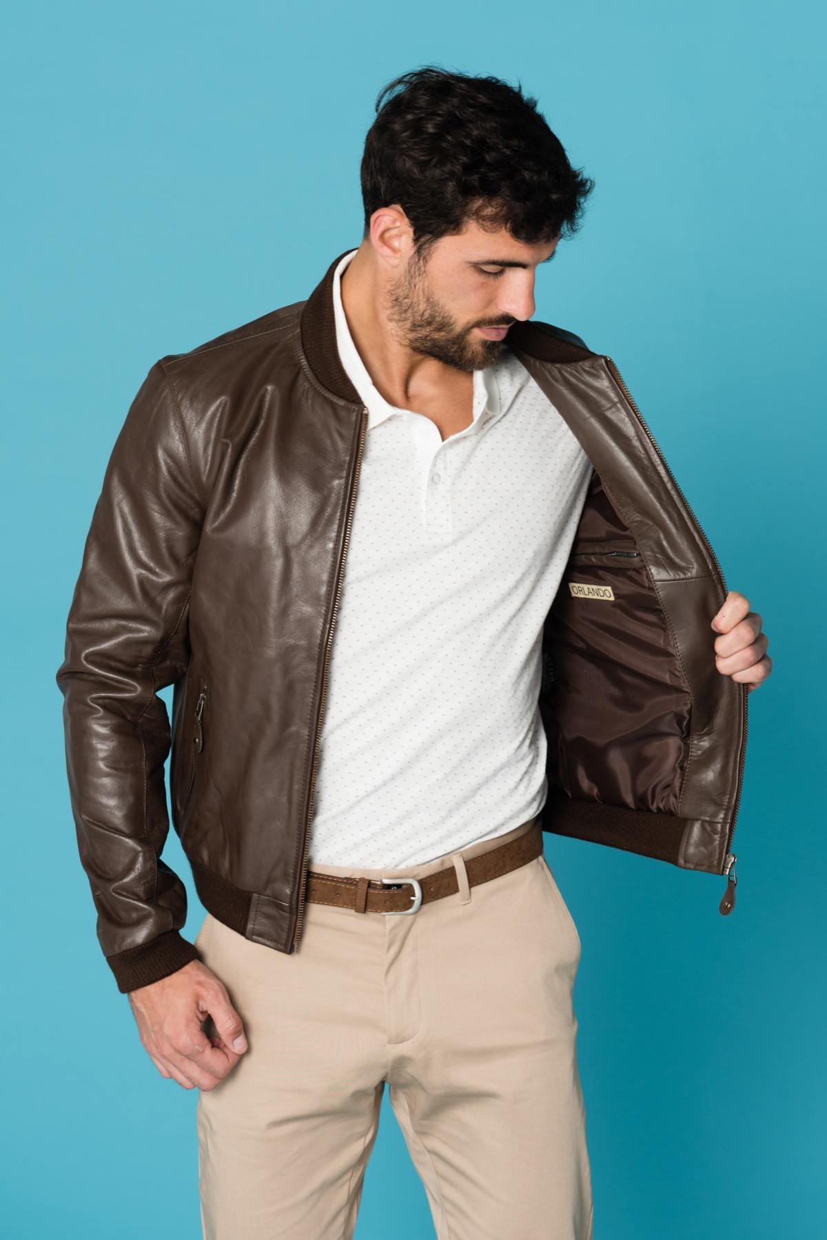 Cognac buffalo leather bomber jacket - Image n°4