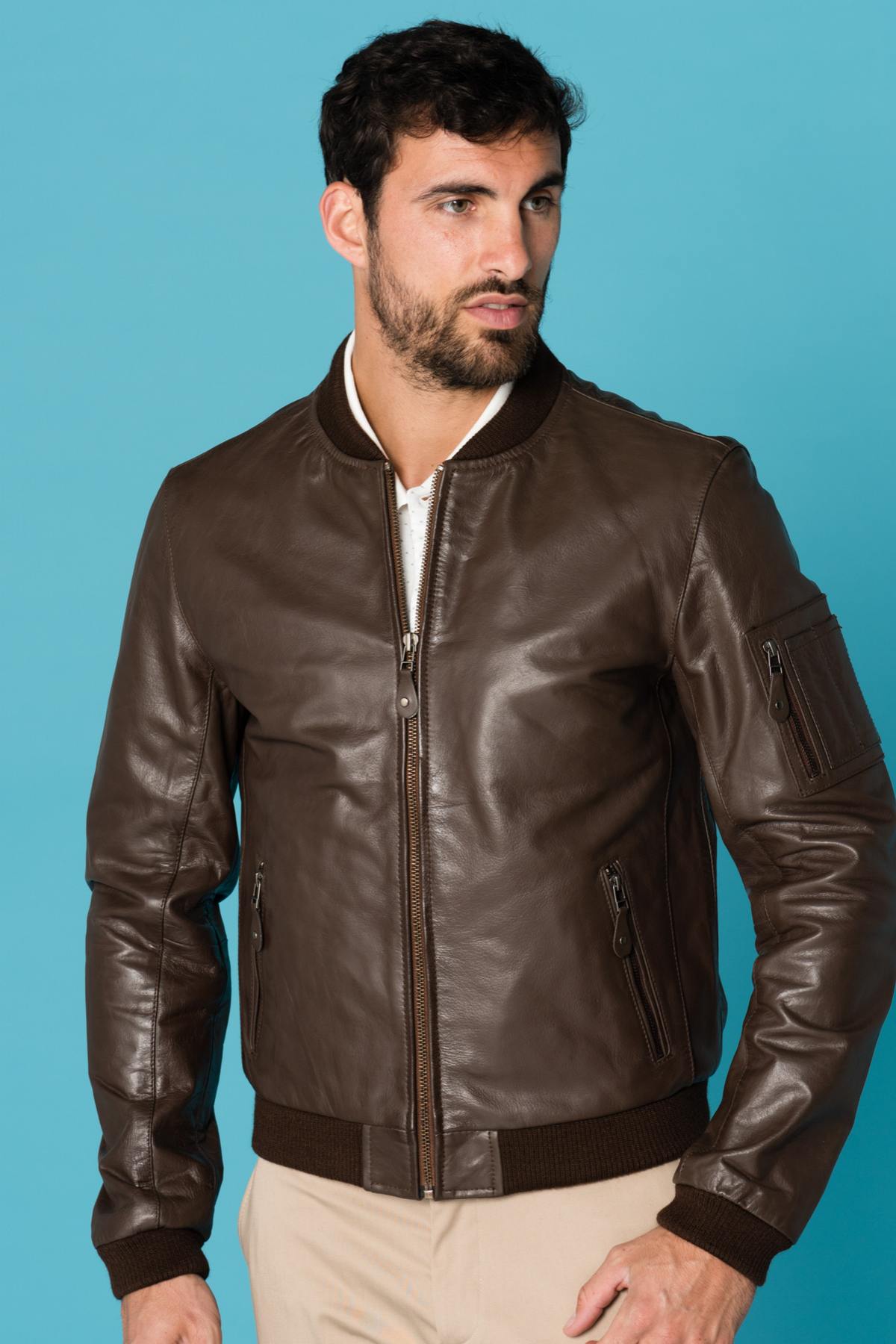 Cognac buffalo leather bomber jacket - Image n°1