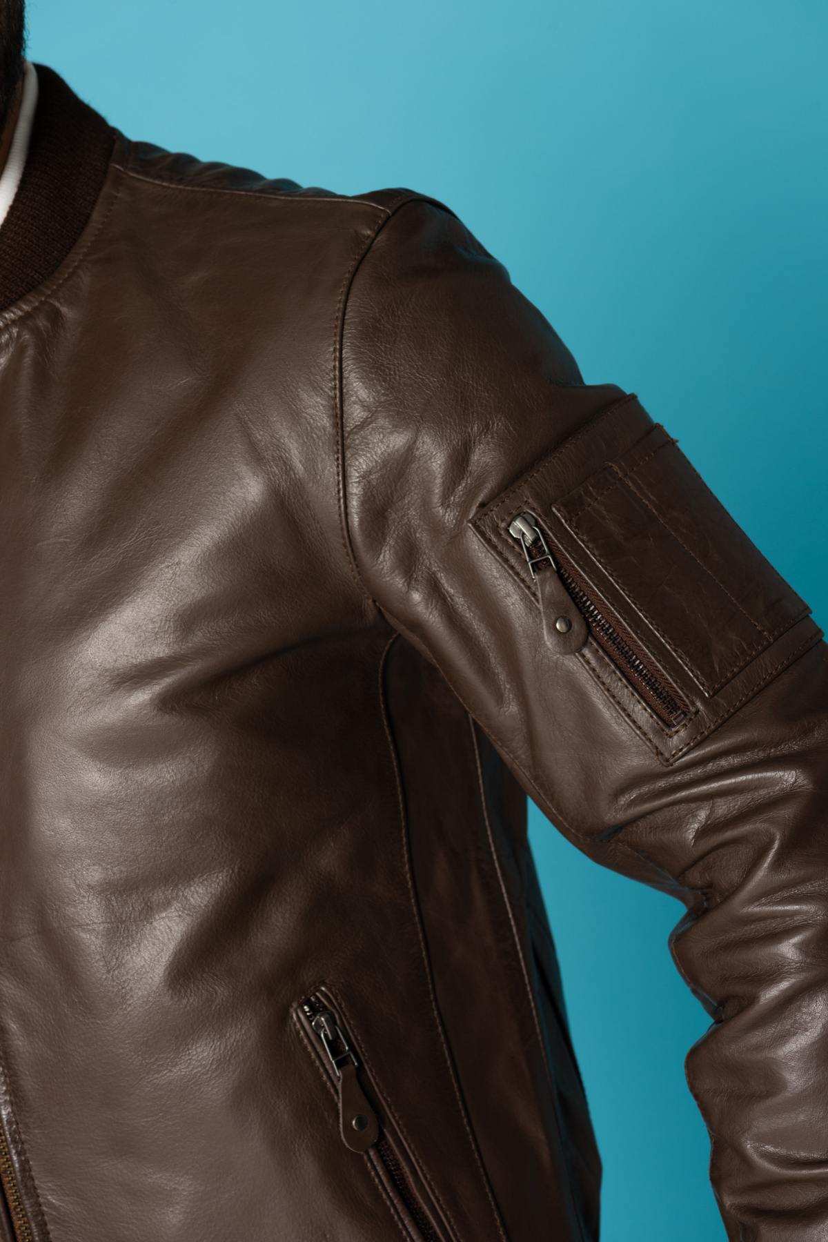 Cognac buffalo leather bomber jacket - Image n°6