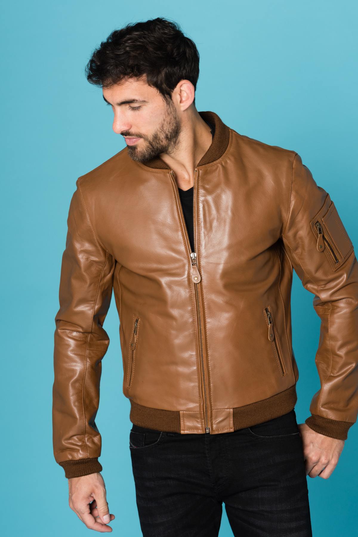  Light cognac buffalo leather bomber jacket - Image n°1