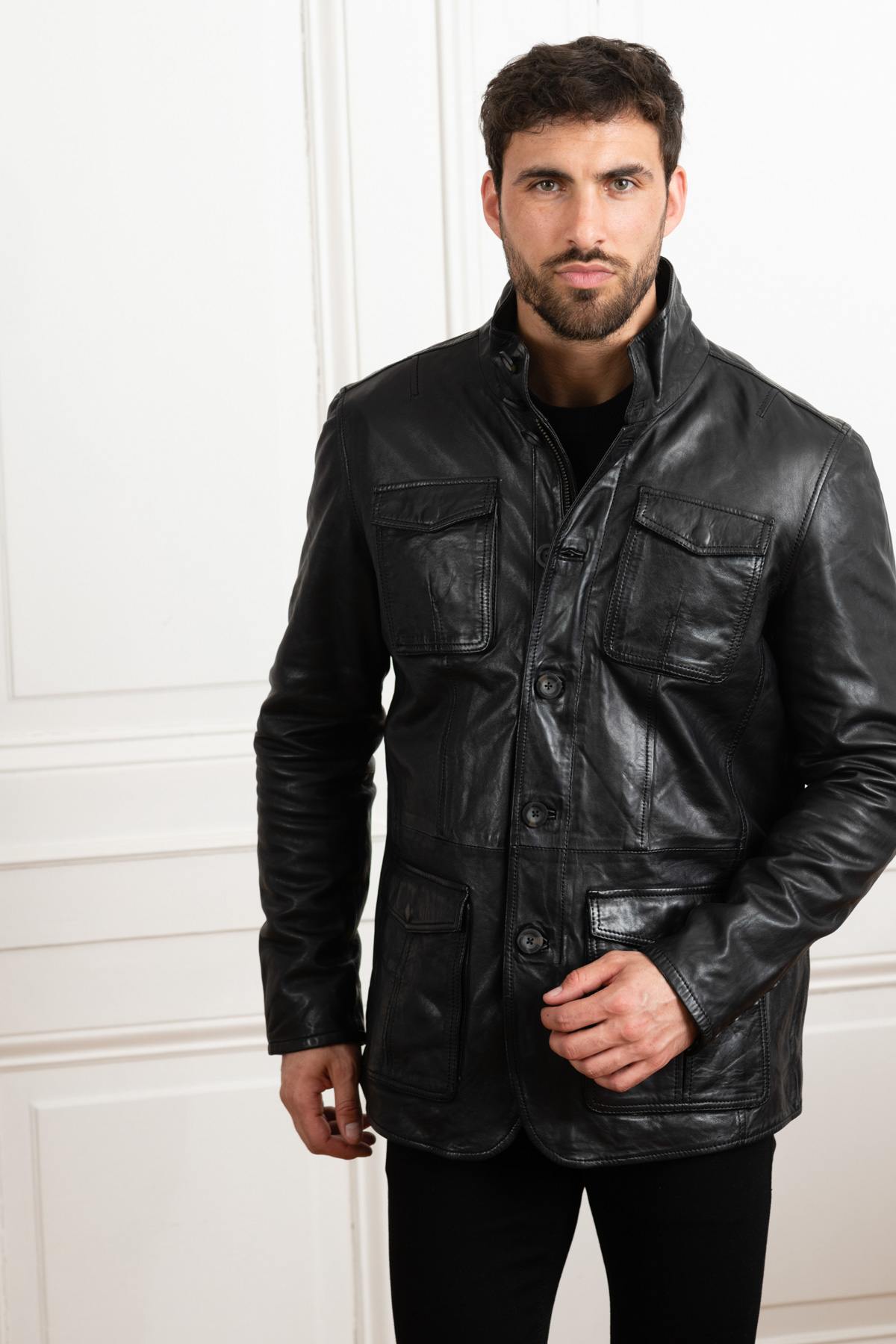 Men's black lambskin leather jacket - Image n°6