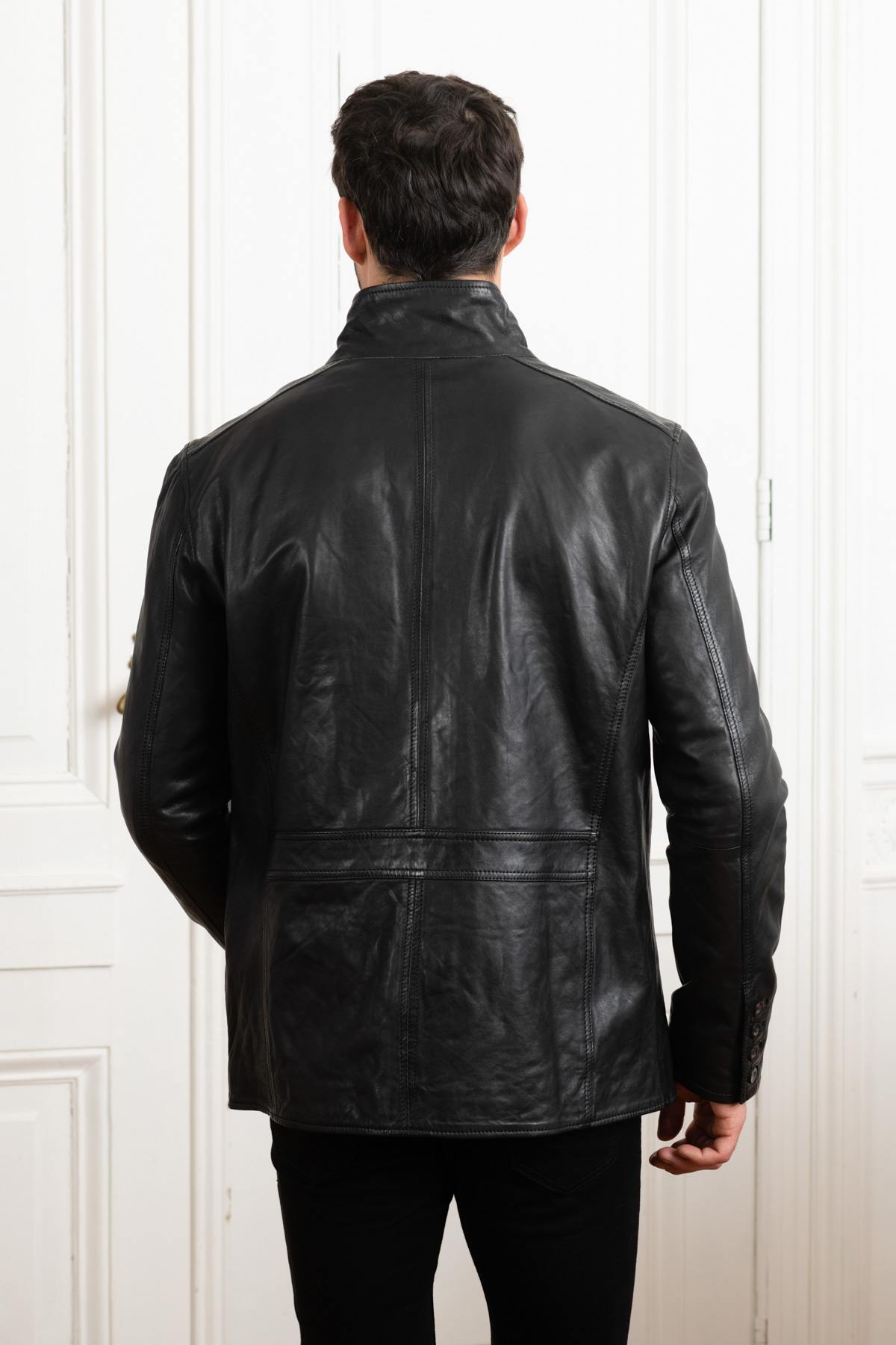 Men's black lambskin leather jacket - Image n°3