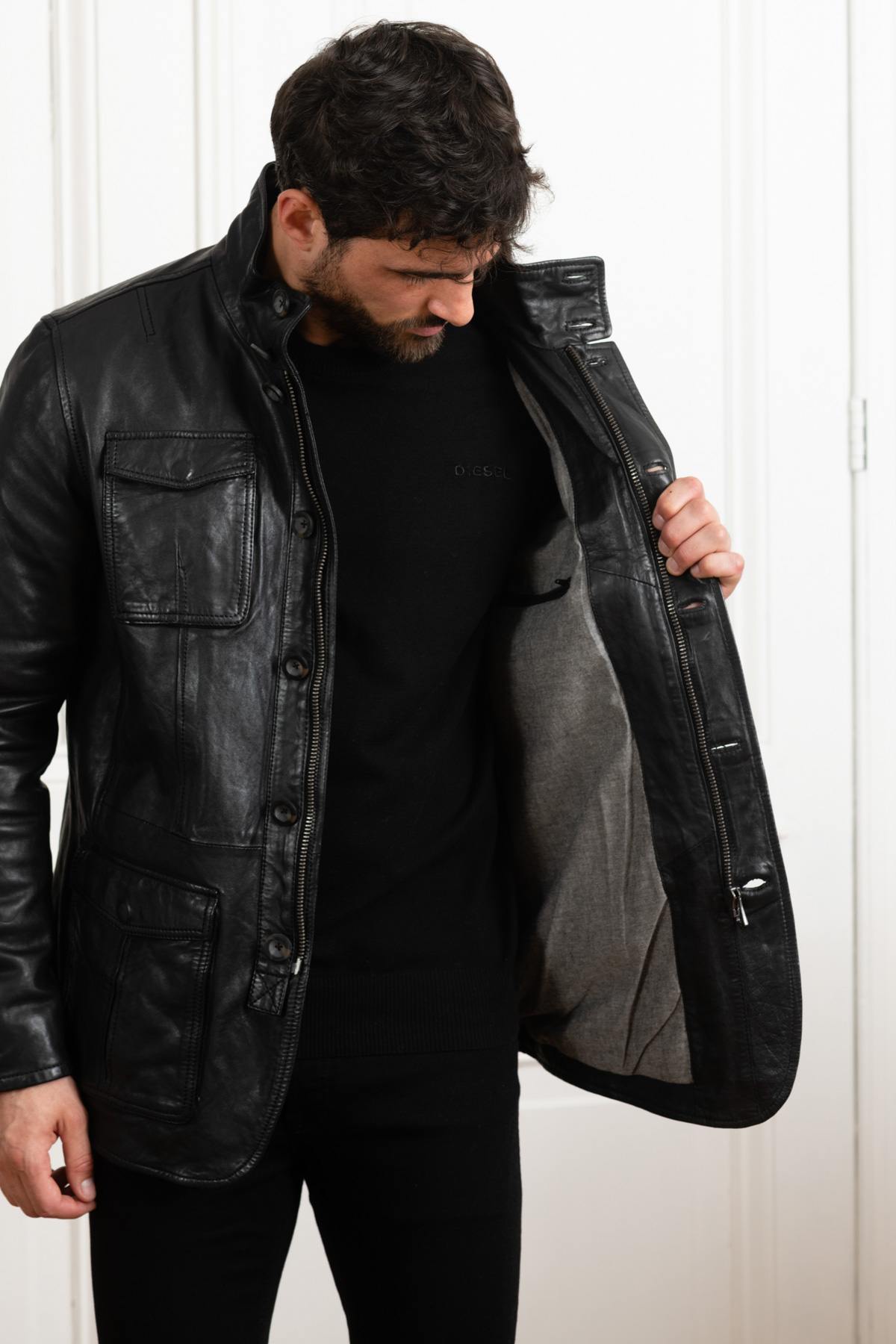 Men's black lambskin leather jacket - Image n°4