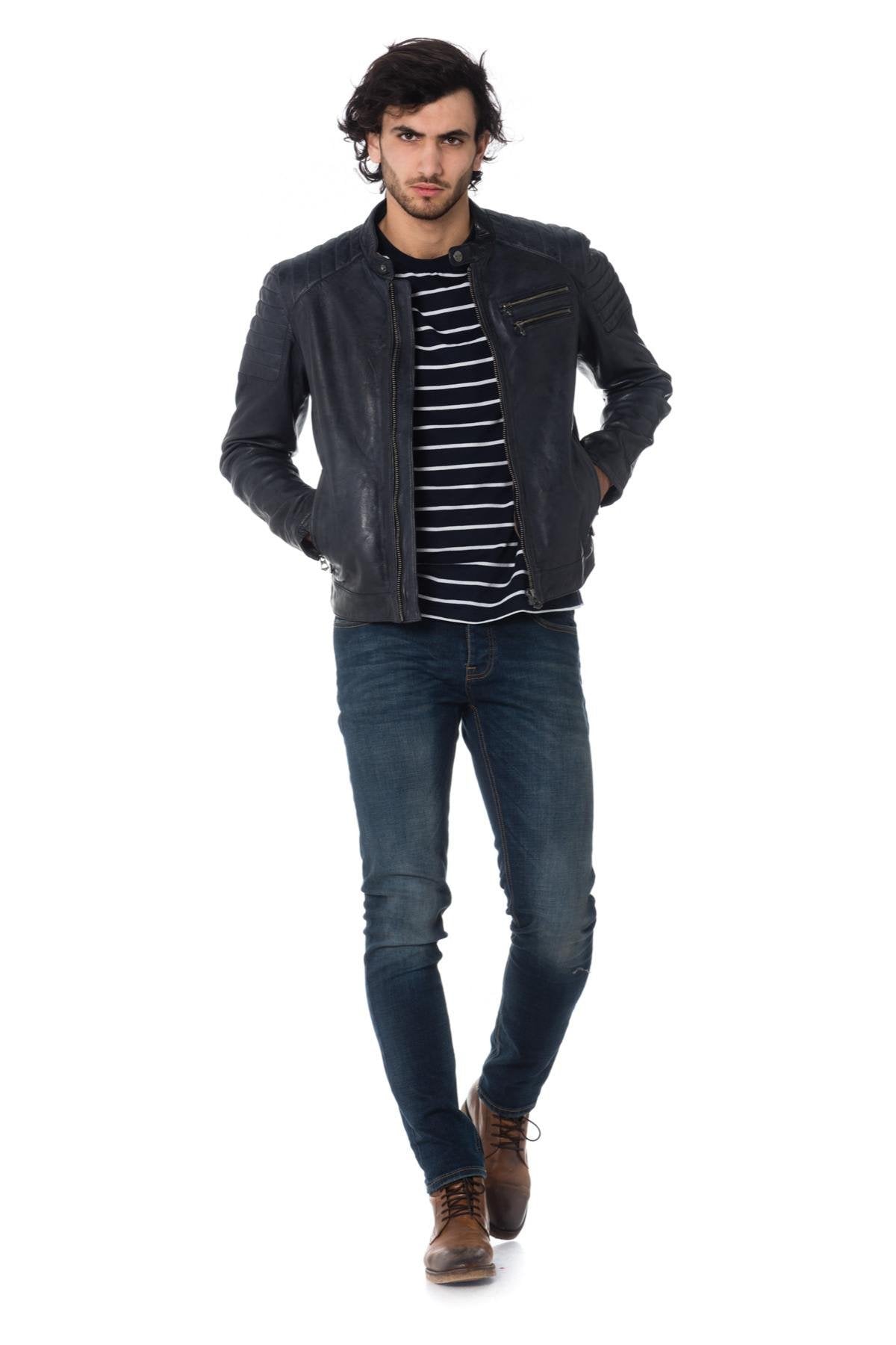 Navy blue lambskin leather jacket - Image n°2