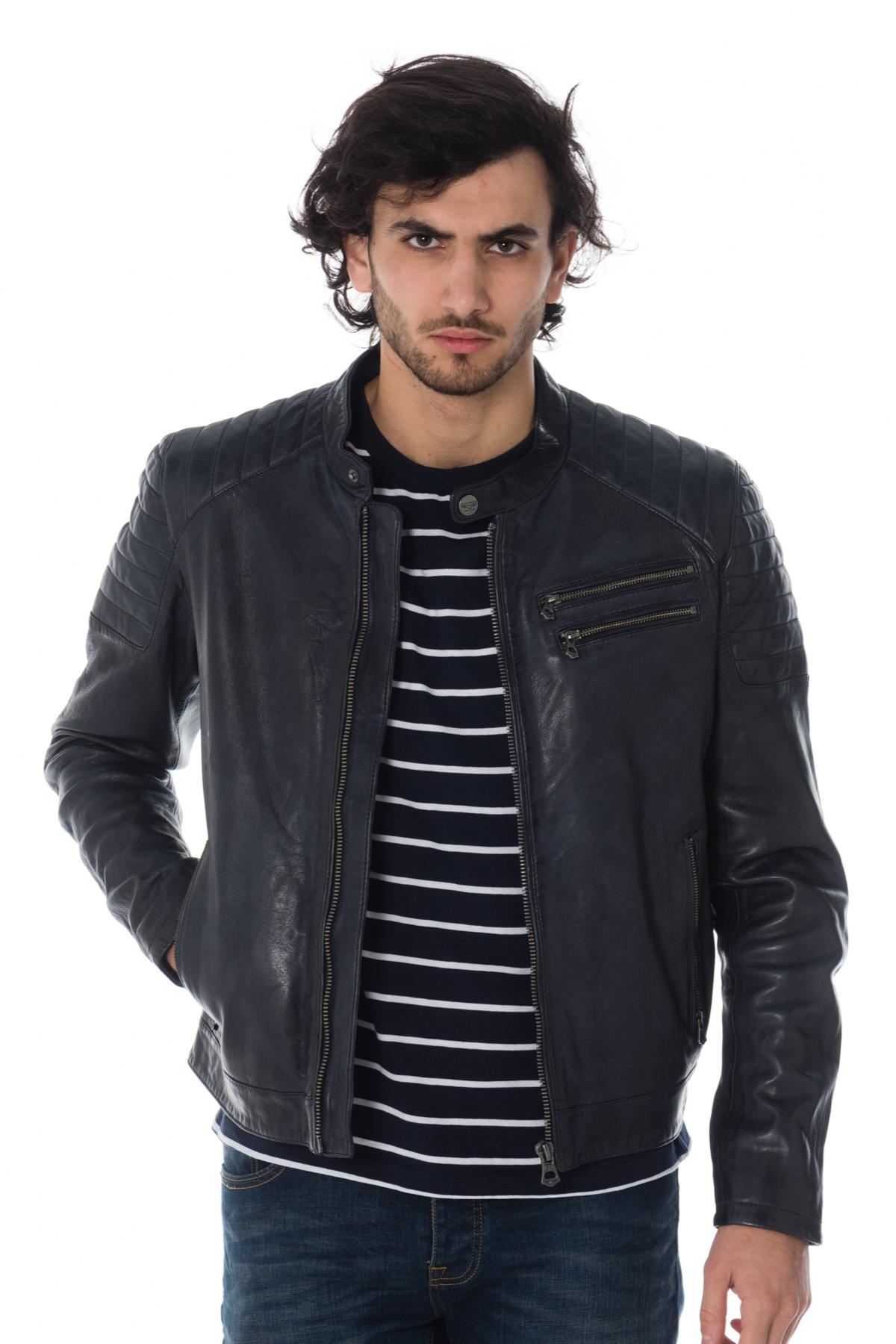 Navy blue lambskin leather jacket - Image n°3