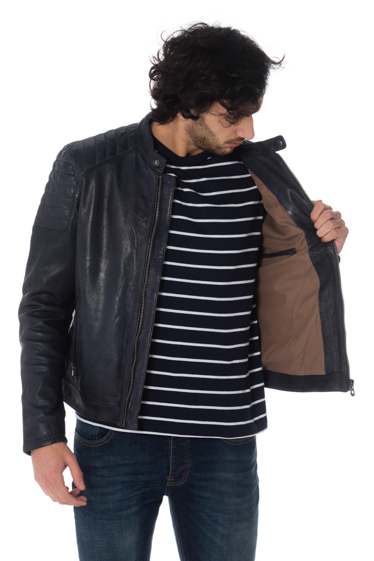 Navy blue lambskin leather jacket - Image n°4