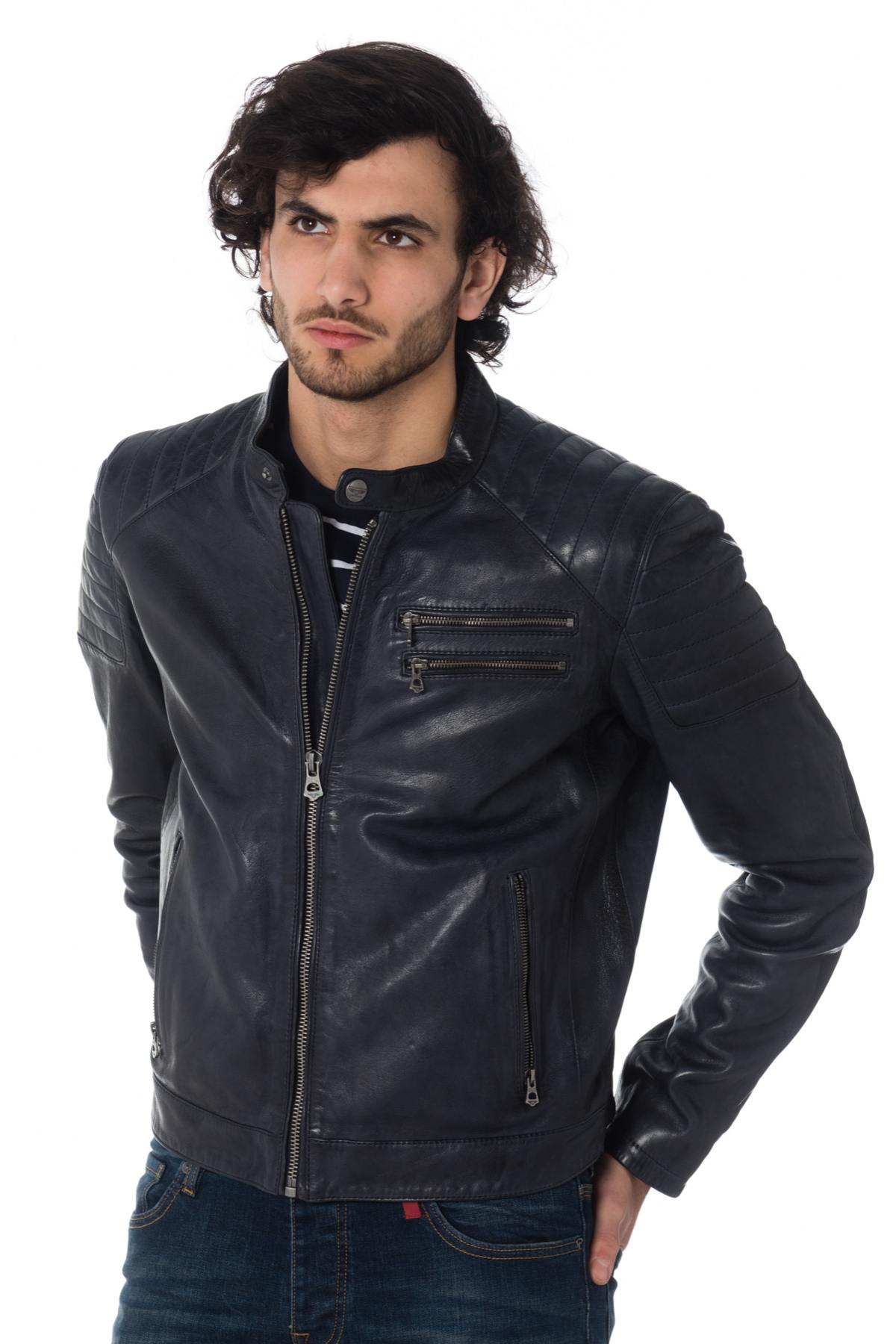 Navy blue lambskin leather jacket - Image n°1