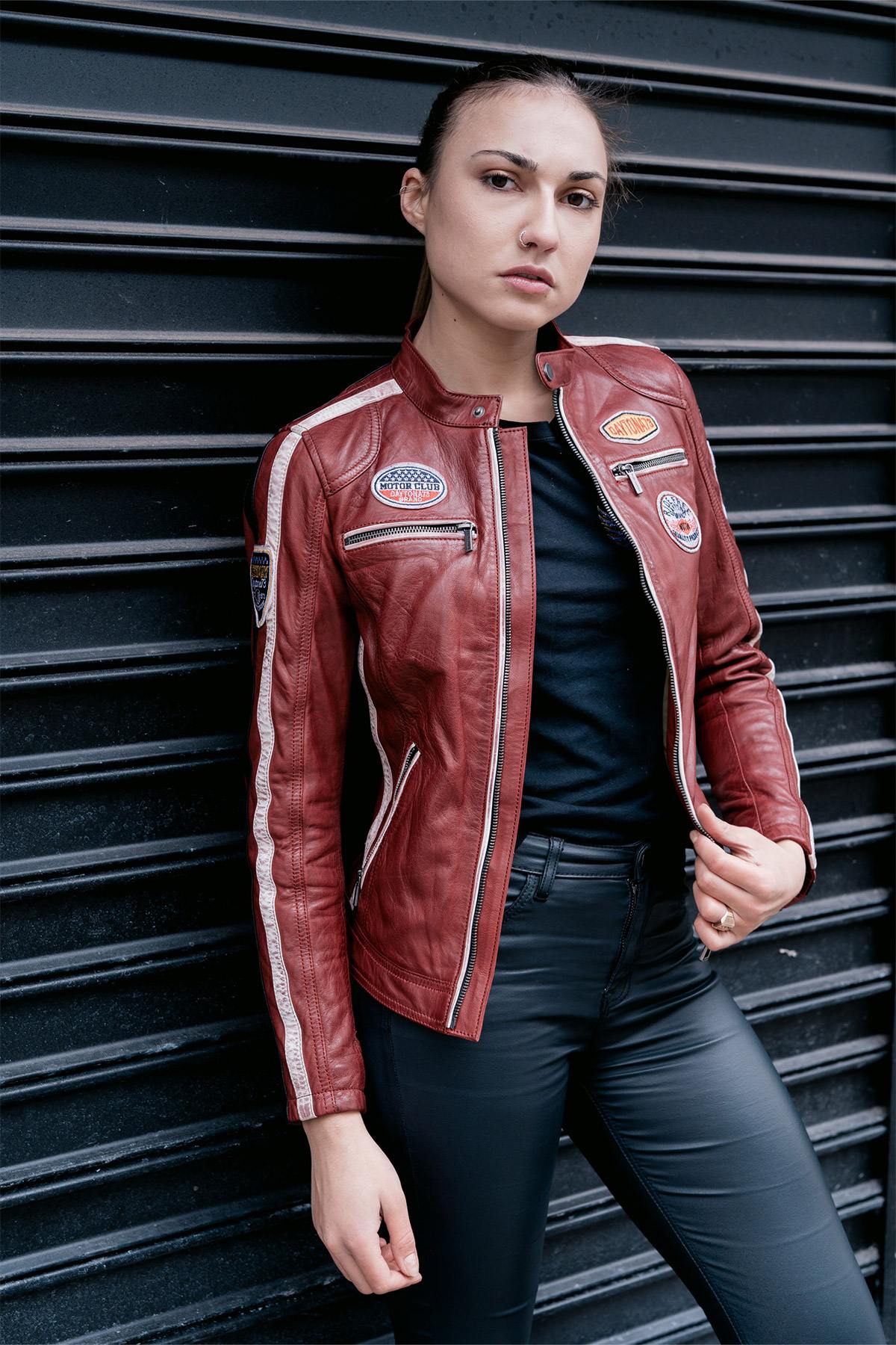 women's red lambskin leather jacket with patches - Image n°1