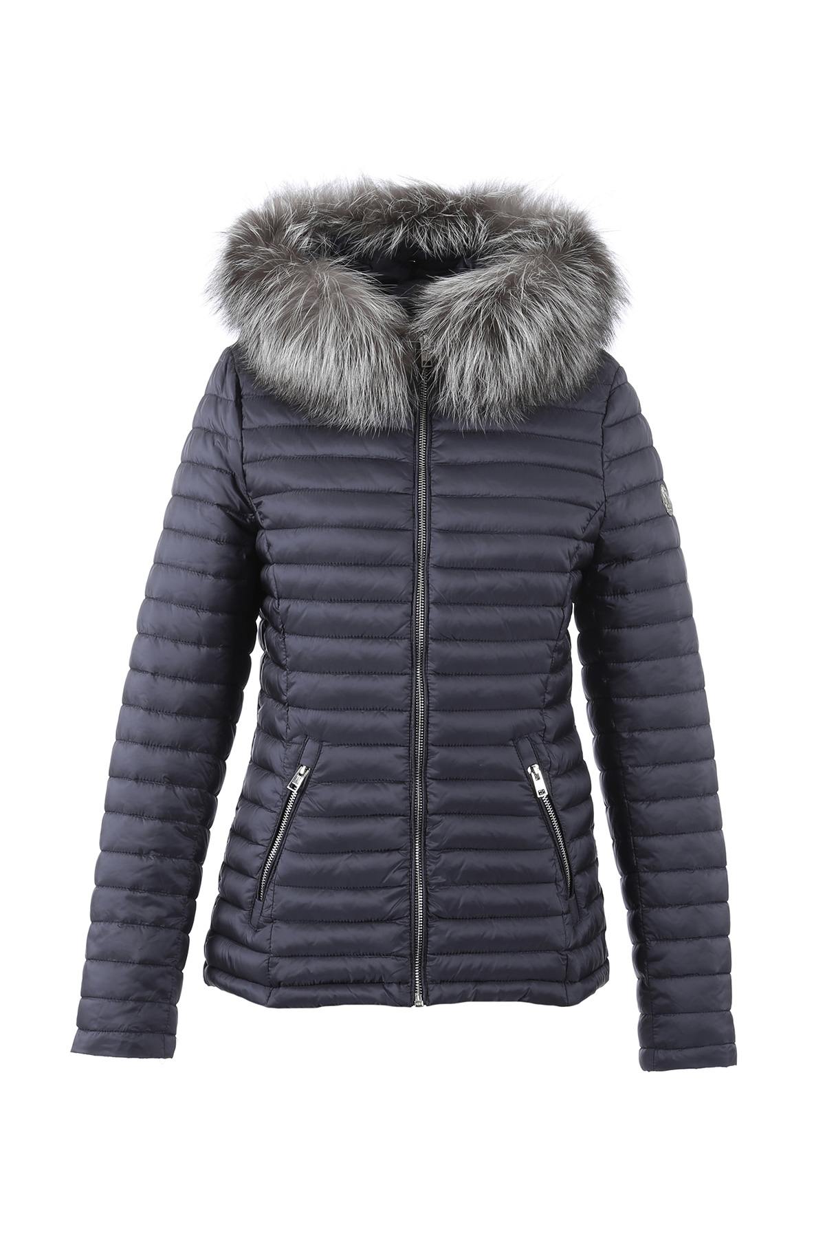 Blue nylon down jacket with fox fur - Image n°1