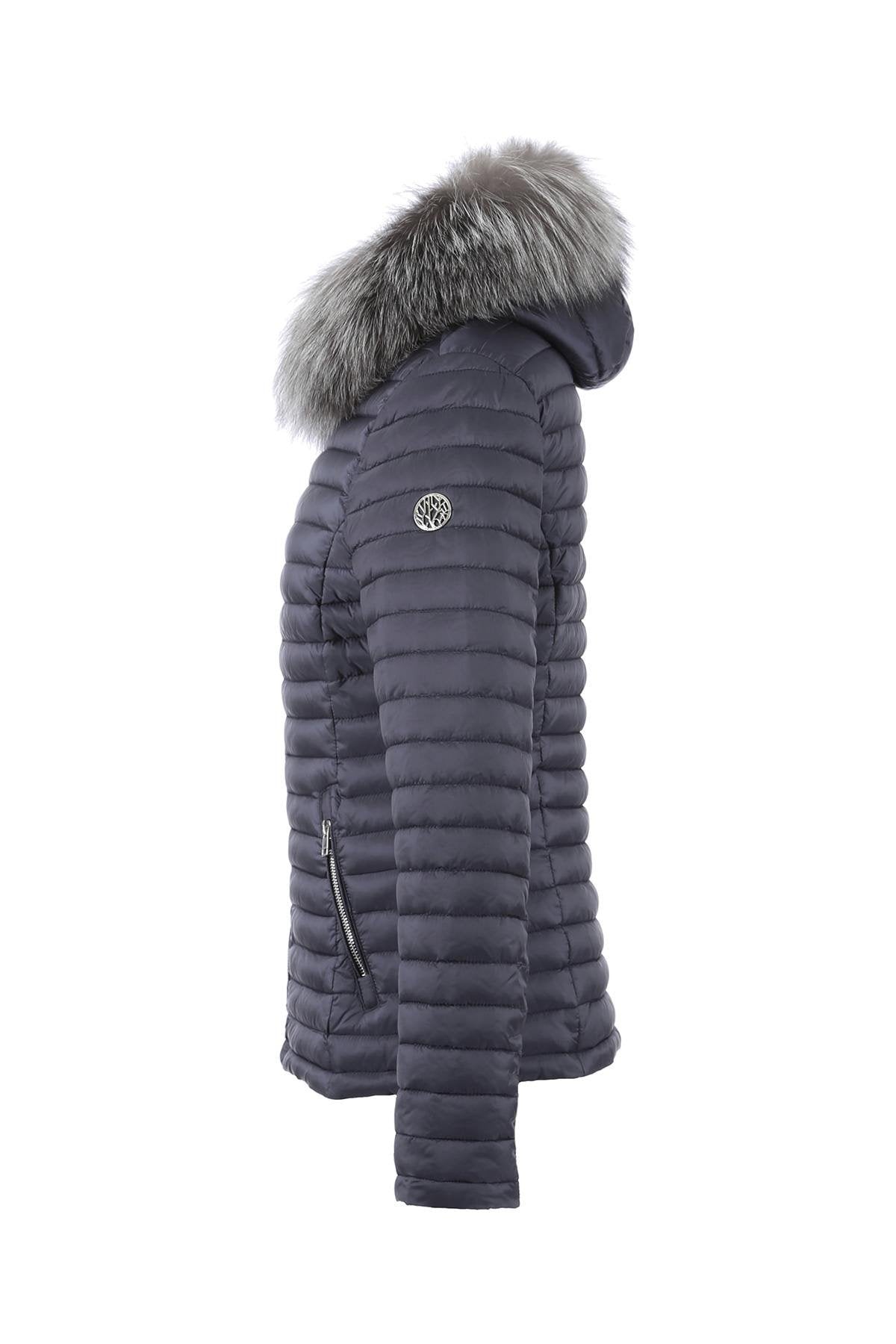 Blue nylon down jacket with fox fur - Image n°11