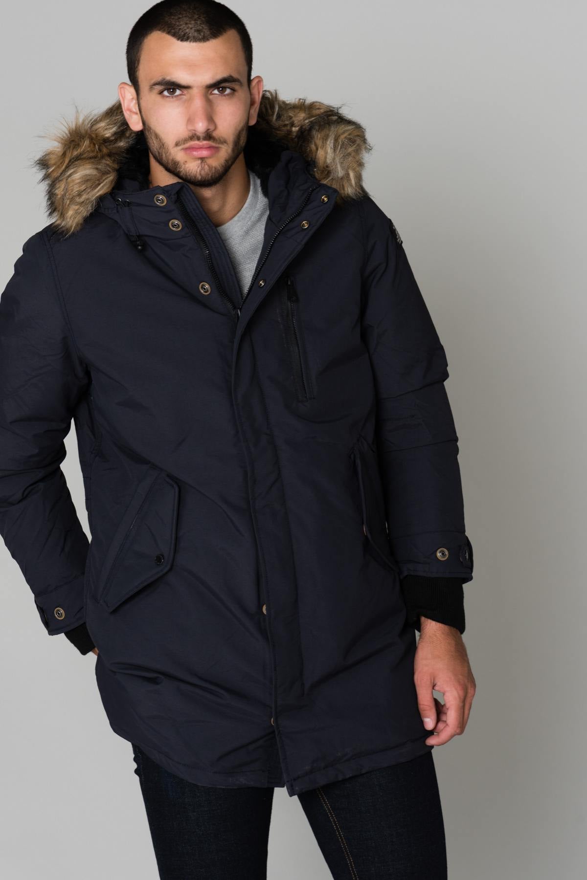 Mid-length navy blue jacket - Image n°1