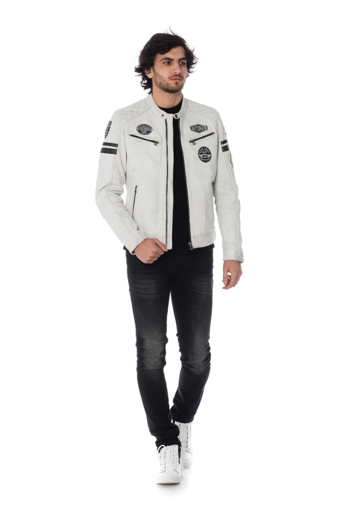 White biker jacket with black patches - Image n°2