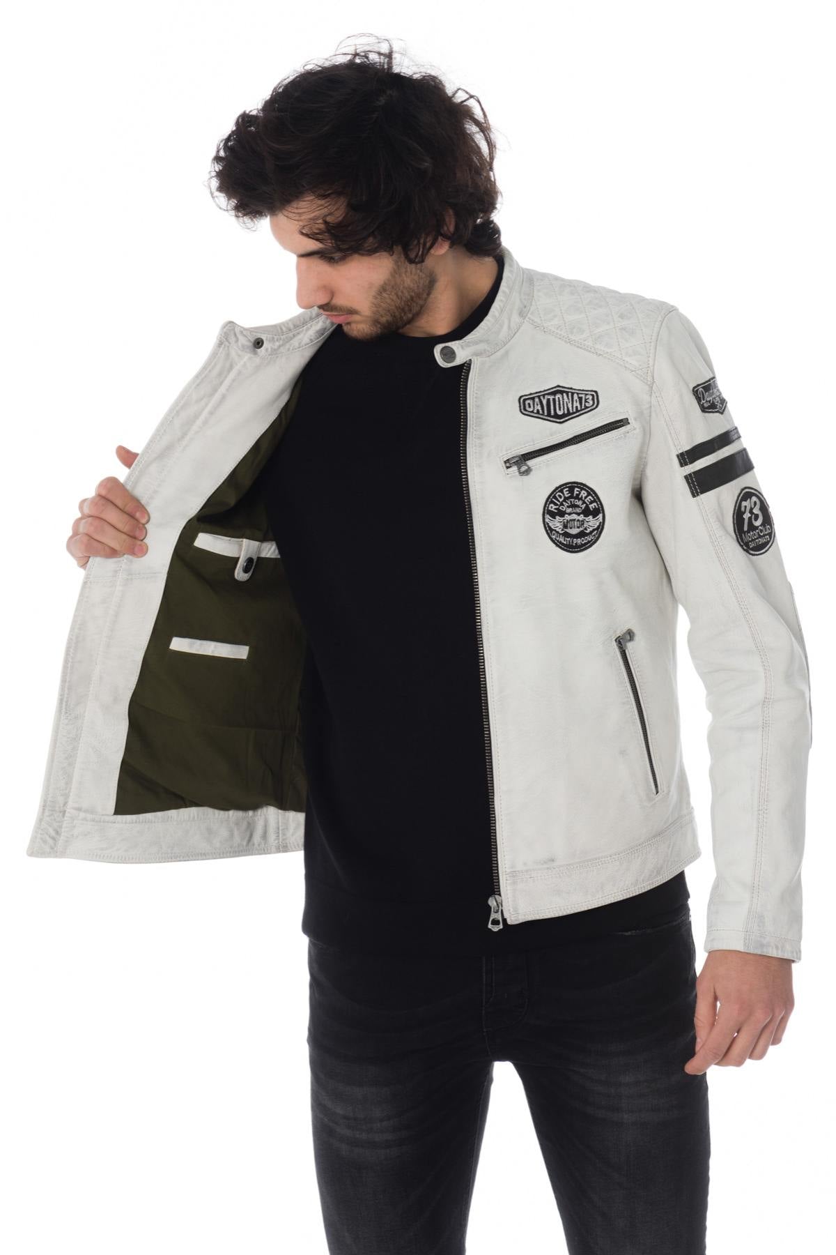 White biker jacket with black patches - Image n°4