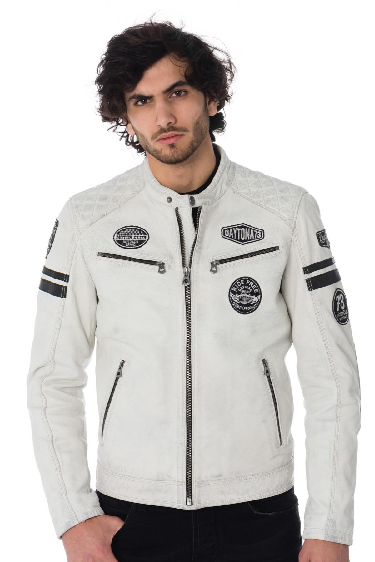 White biker jacket with black patches - Image n°1