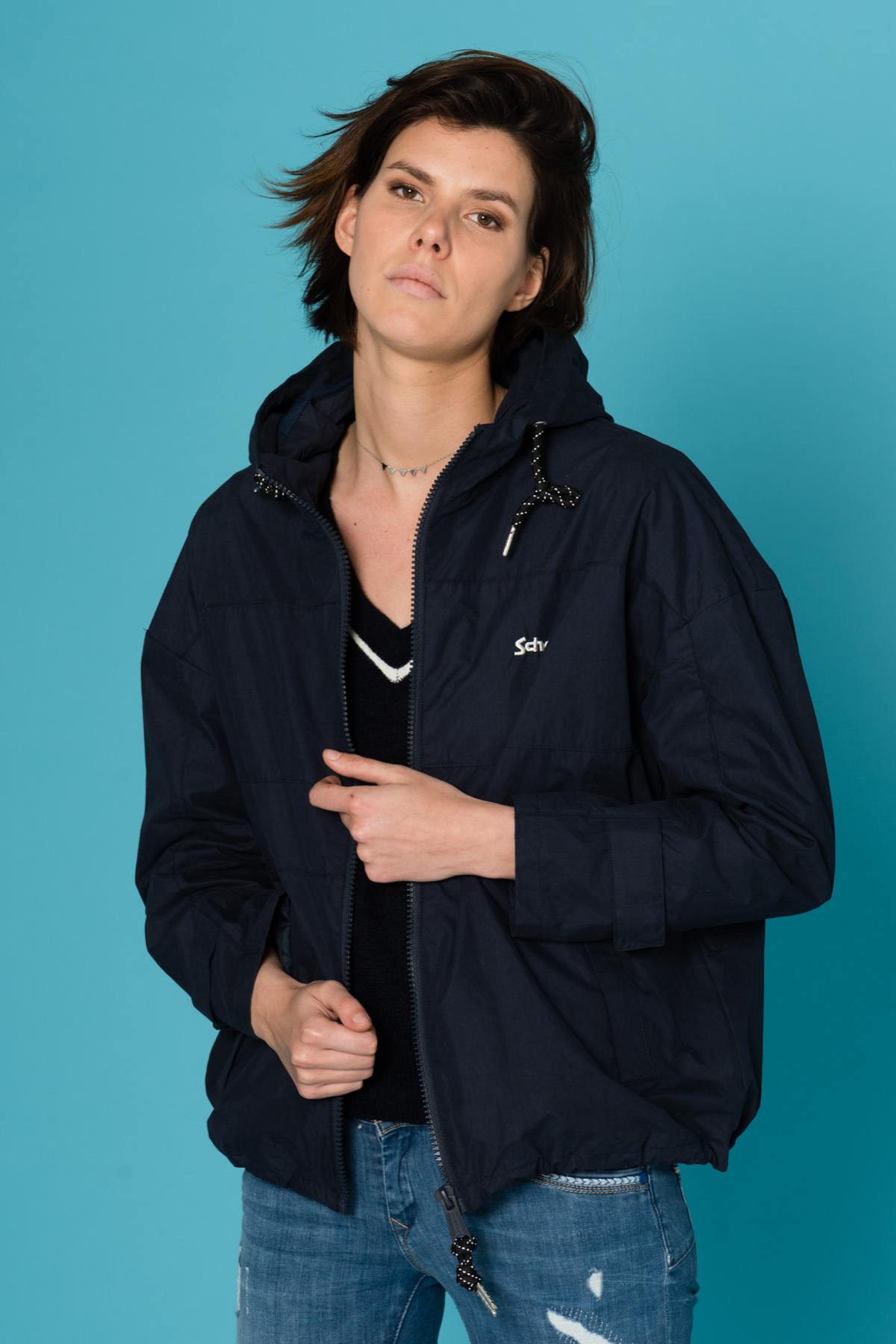 Navy blue hooded windbreaker - Image n°3