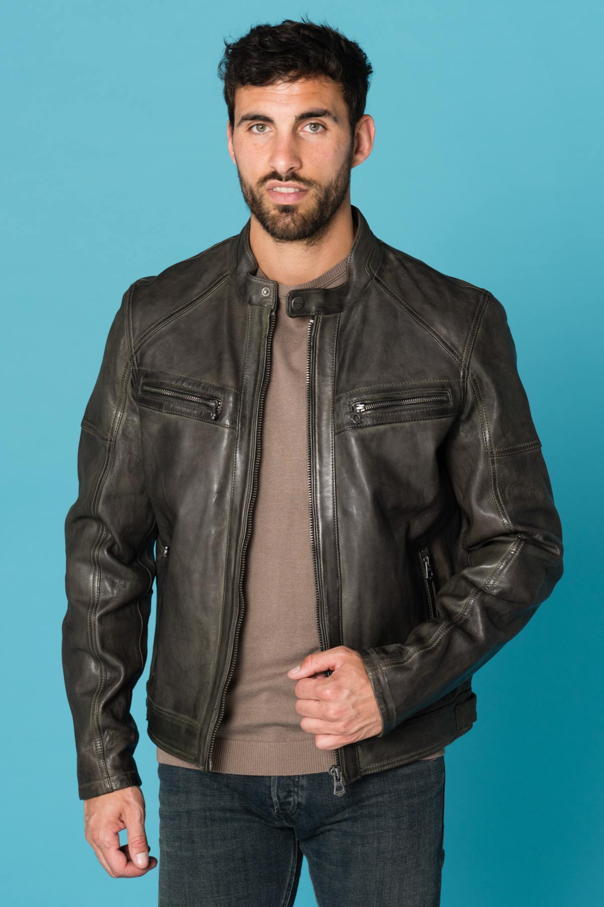 Olive lambskin leather jacket - Image n°1