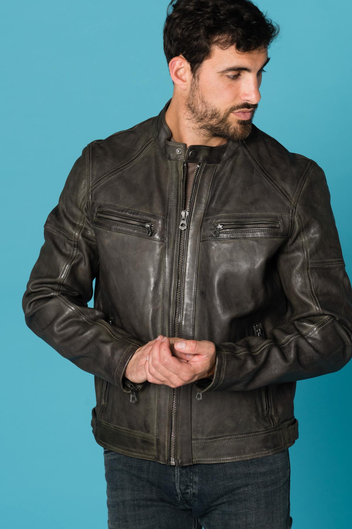 Olive lambskin leather jacket - Image n°3