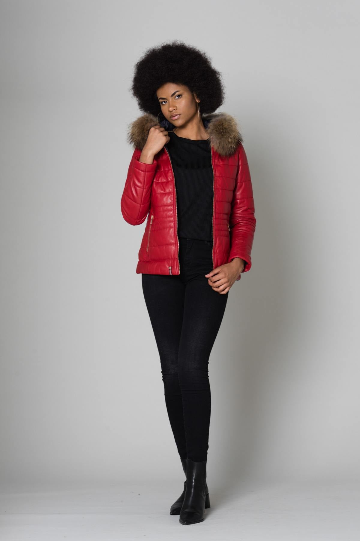 Red leather down jacket with fur collar - Image n°4