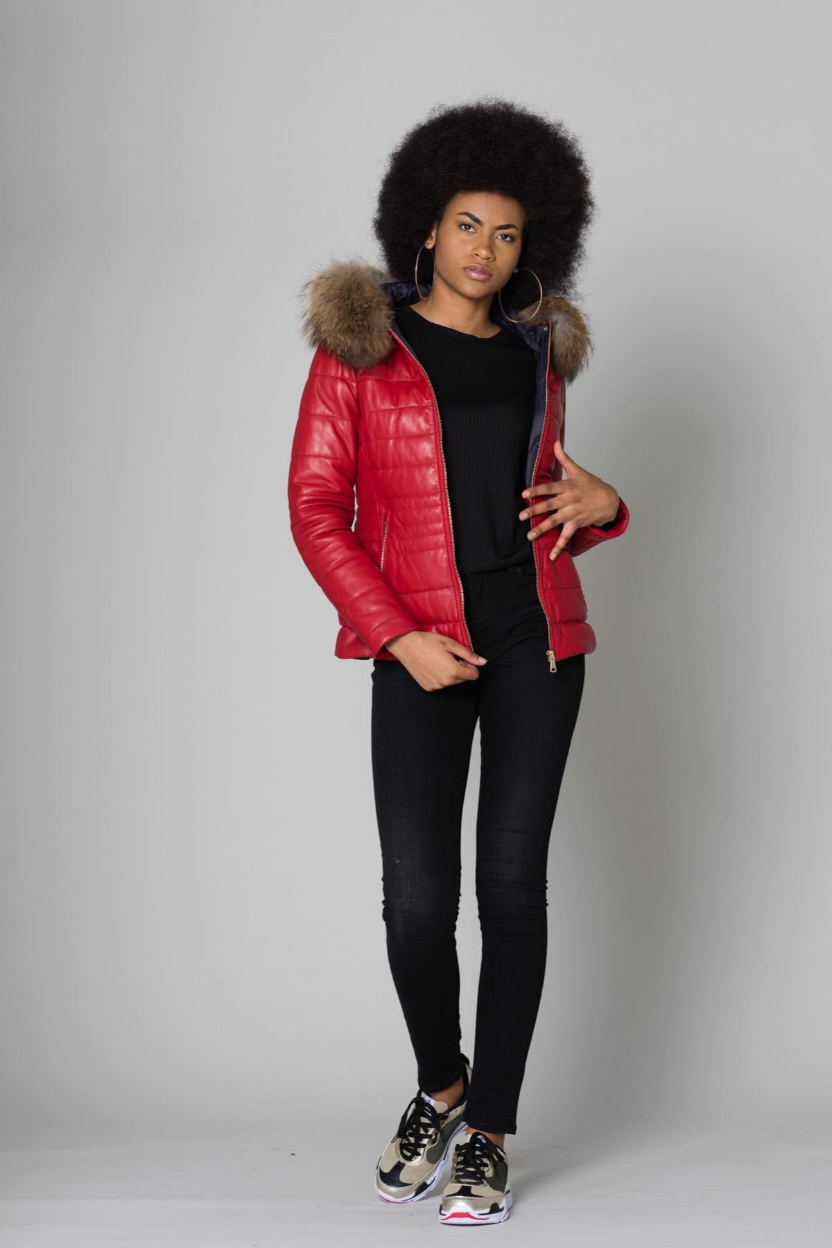 Red leather down jacket with fur collar - Image n°2