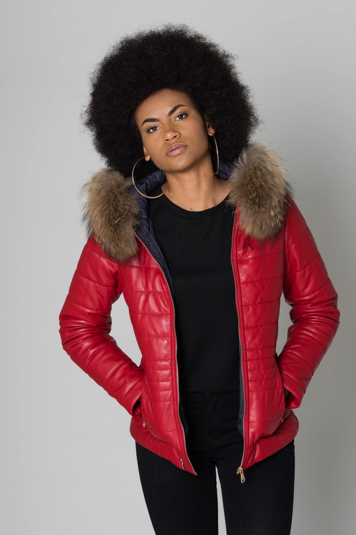 Red leather down jacket with fur collar - Image n°1