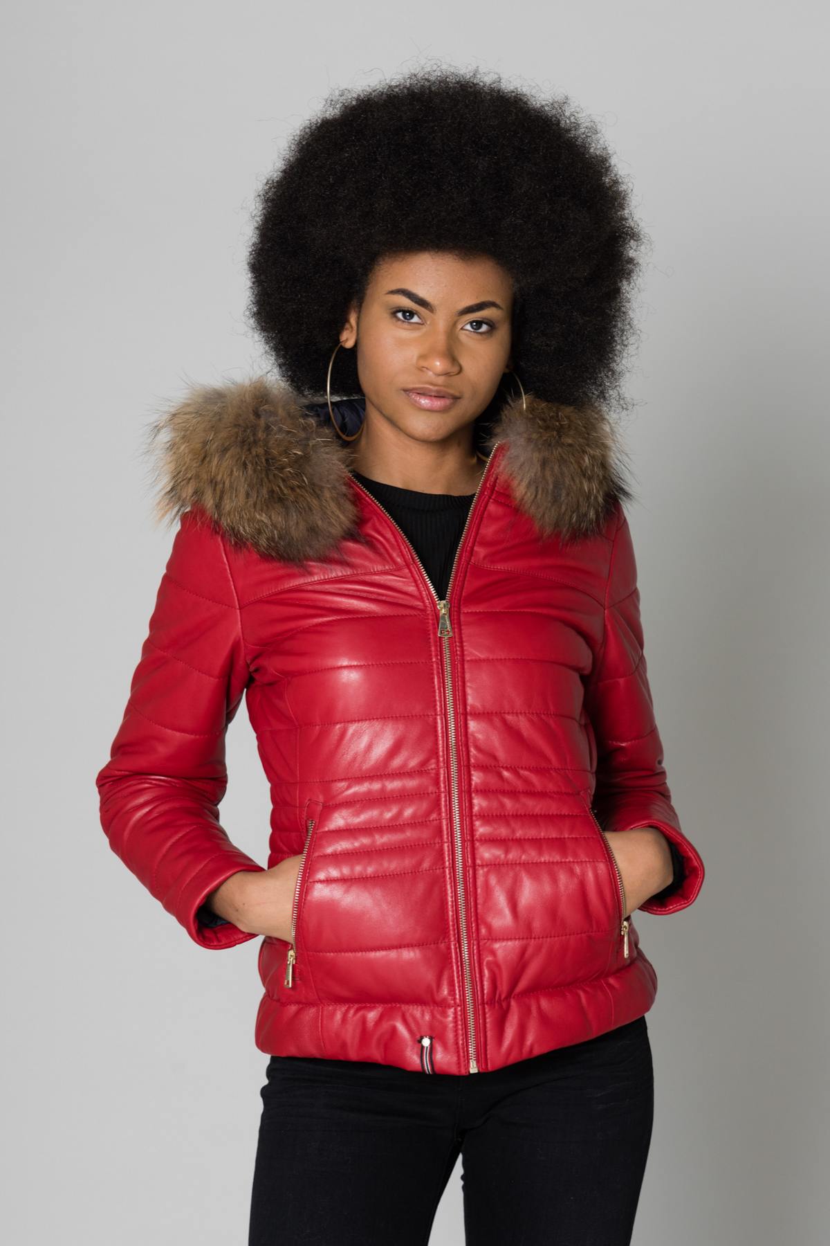 Red leather down jacket with fur collar - Image n°7