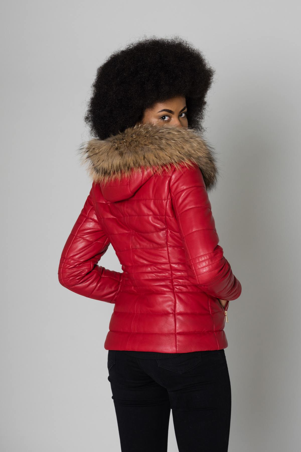 Red leather down jacket with fur collar - Image n°5