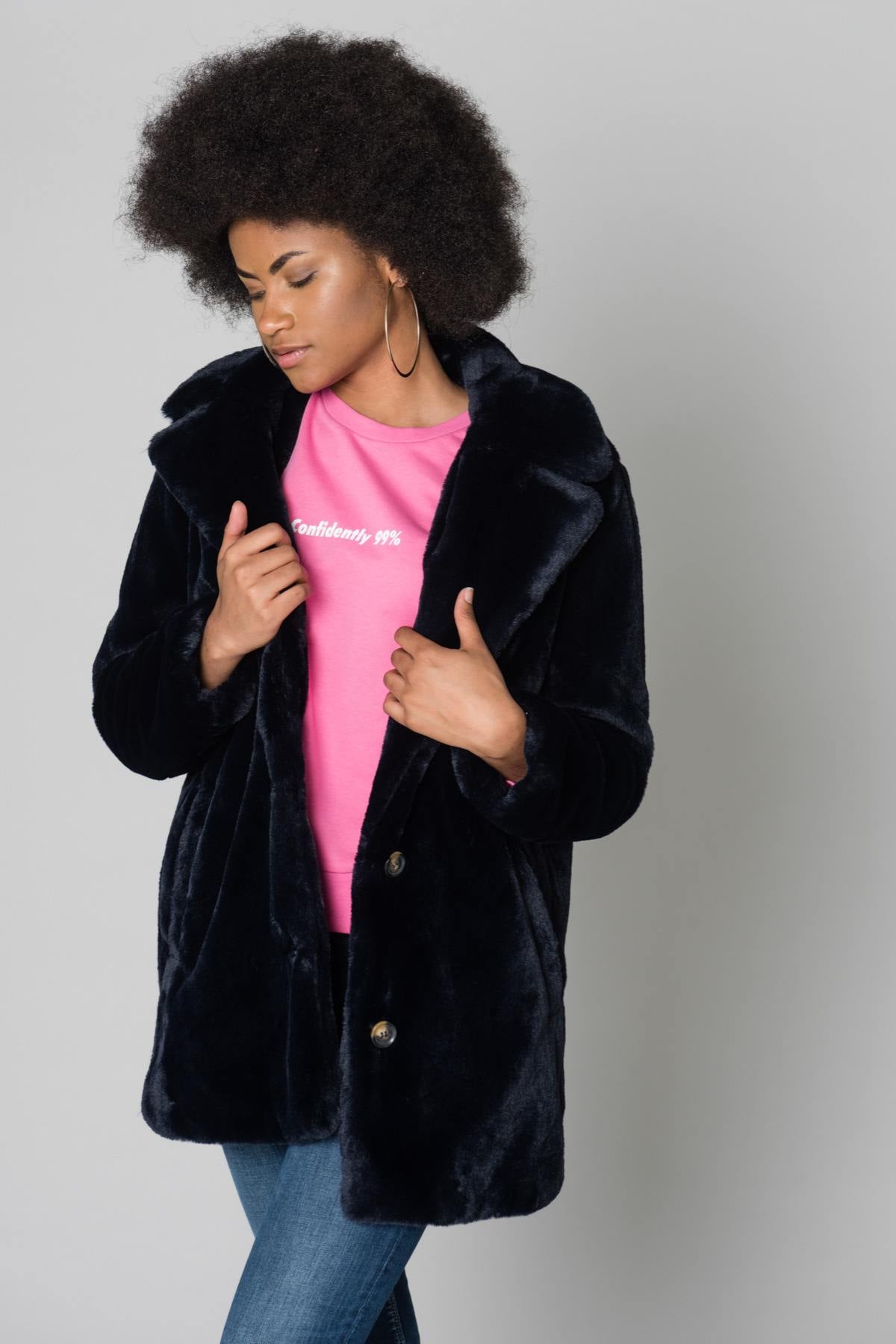 Navy blue faux fur coat - Image n°1