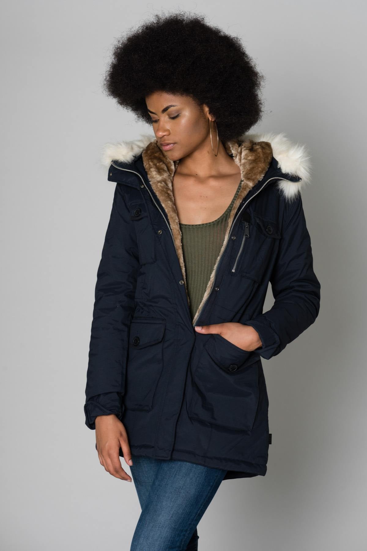 Women's navy blue fur-lined parka - Image n°7