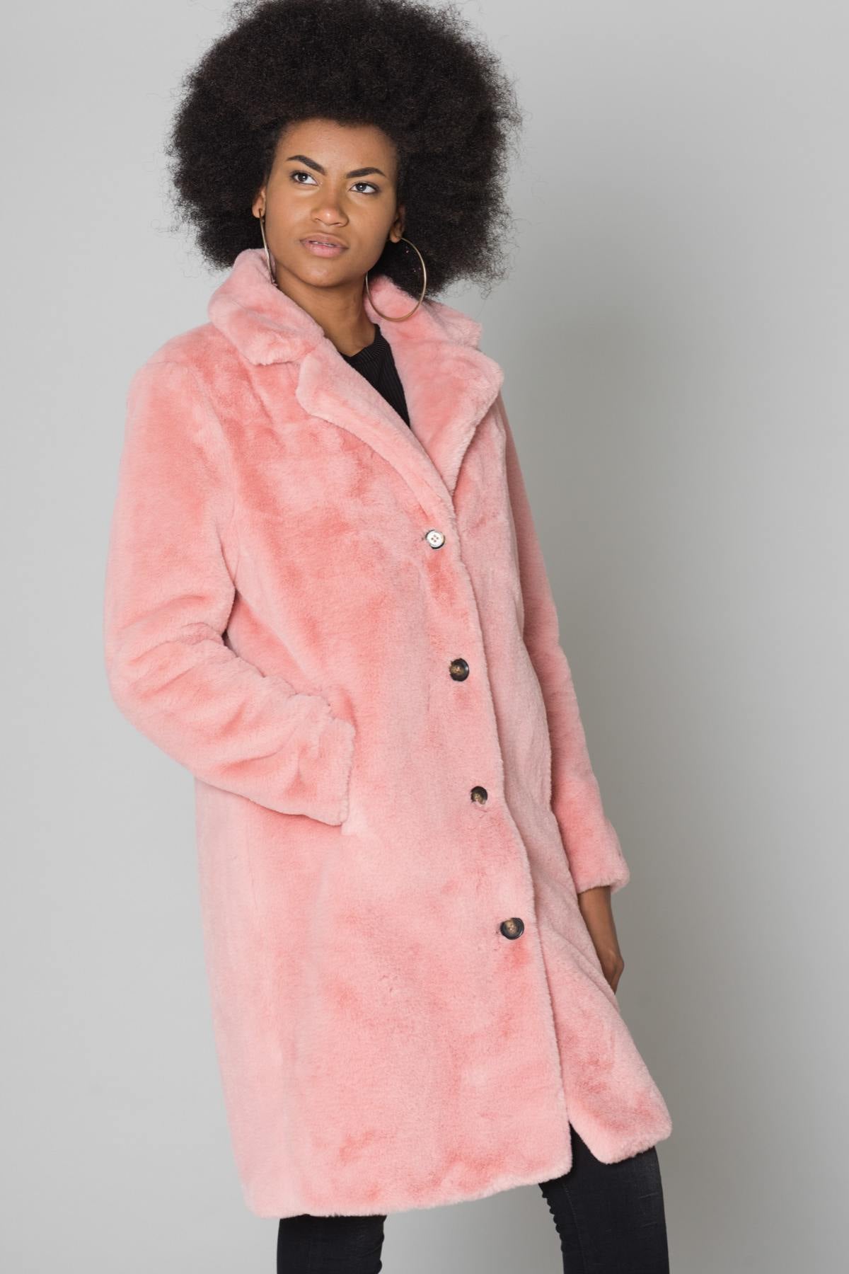 Long pink faux fur coat - Image n°1