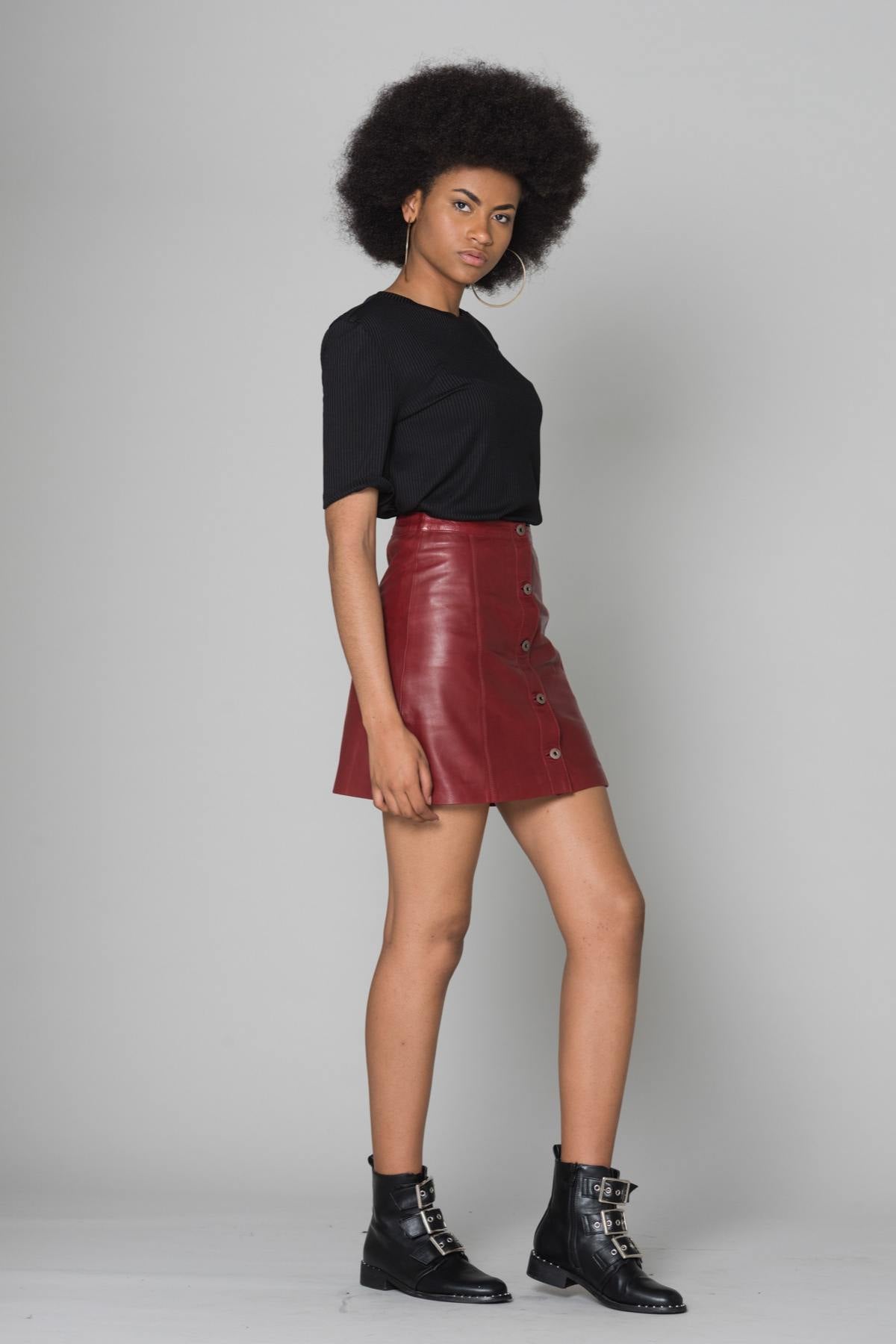 Red lamb leather skirt - Image n°1