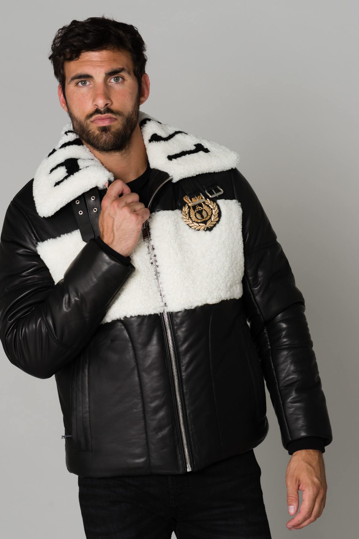 White collar bomber jacket in sheepskin - Image n°4