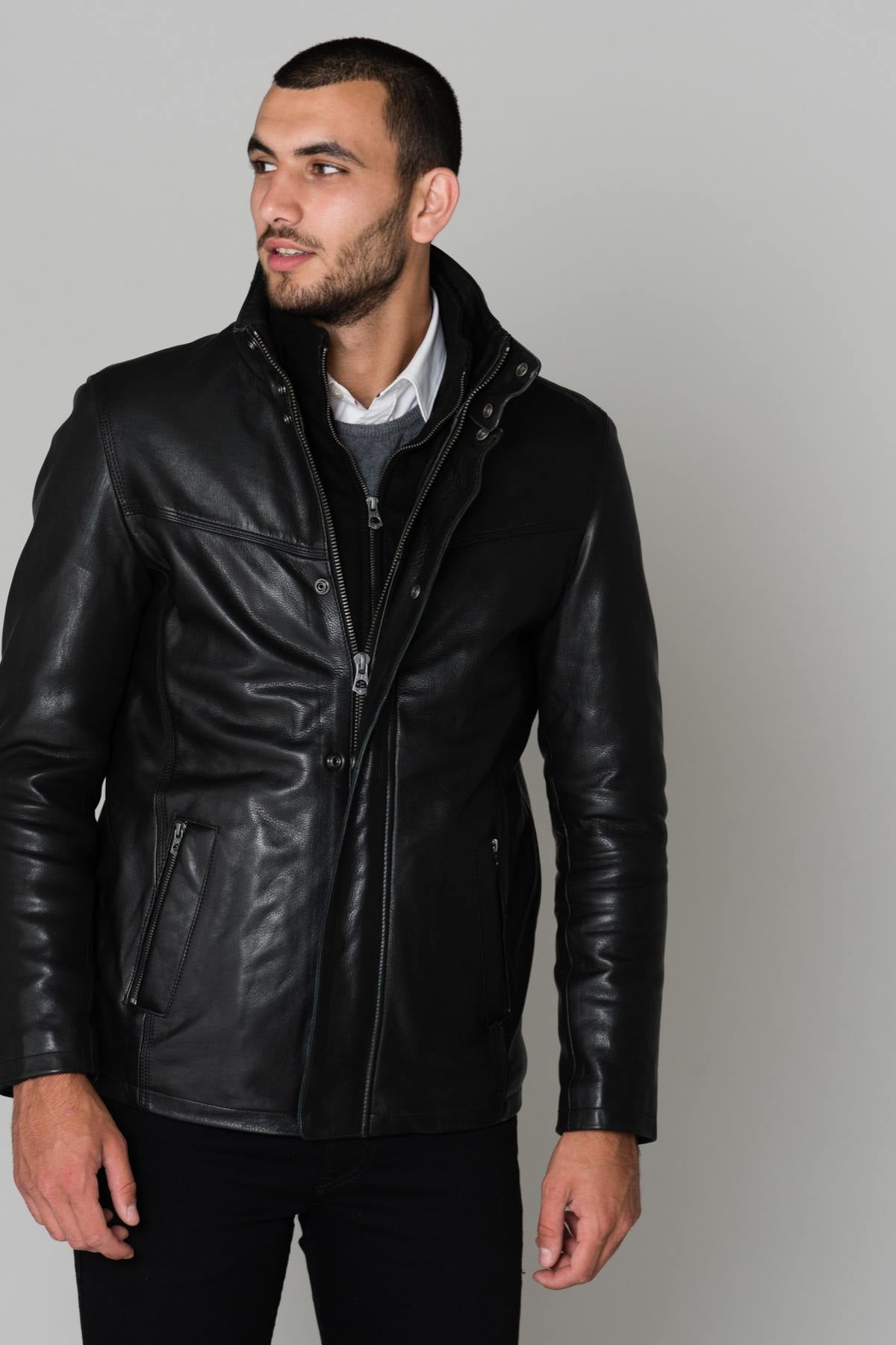 Black cowhide leather jacket - Image n°3