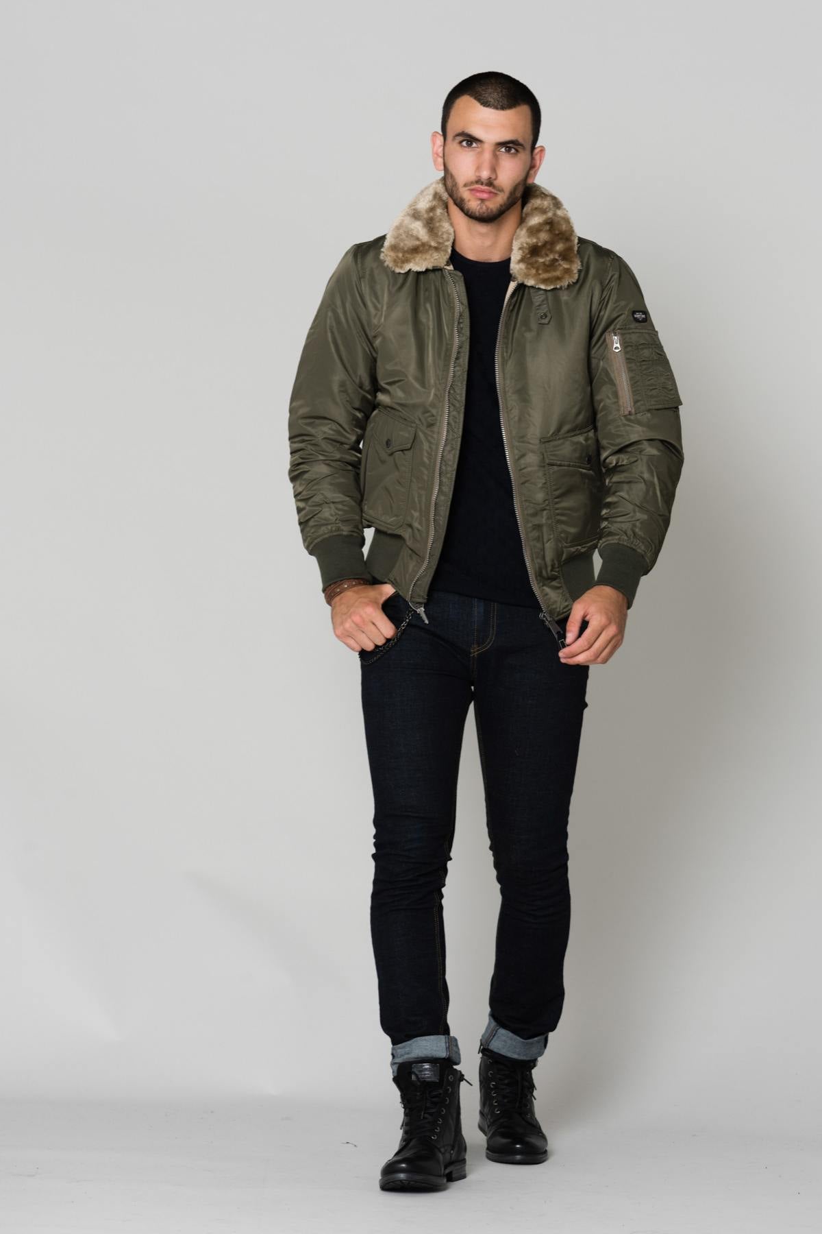 Khaki pilot jacket with synthetic fur collar - Image n°4