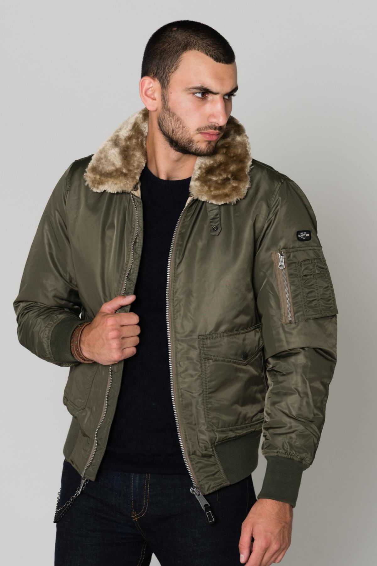 Khaki pilot jacket with synthetic fur collar - Image n°5