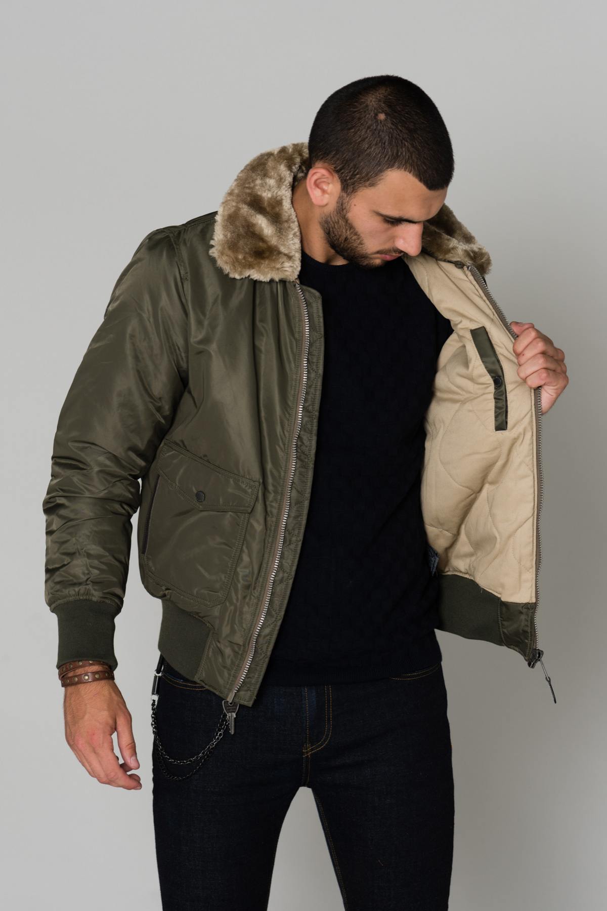 Khaki pilot jacket with synthetic fur collar - Image n°6