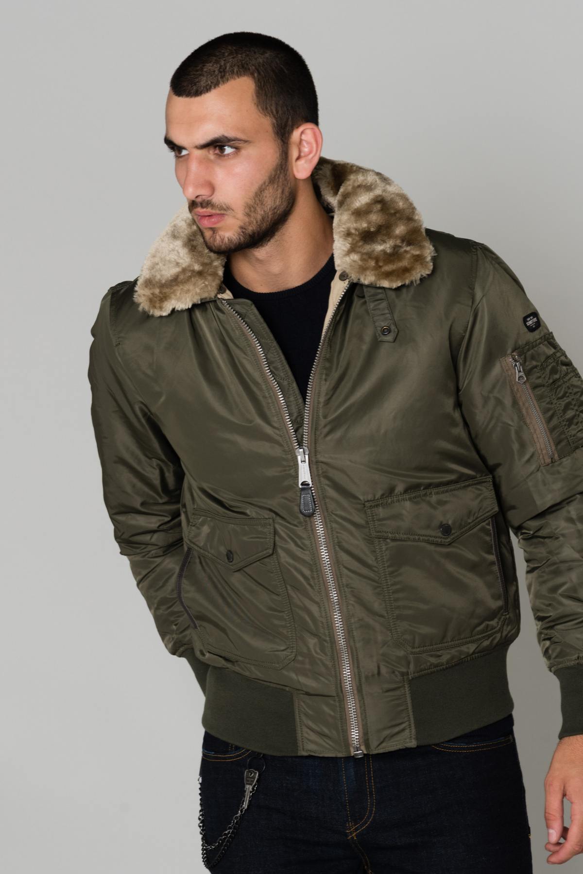 Khaki pilot jacket with synthetic fur collar - Image n°1