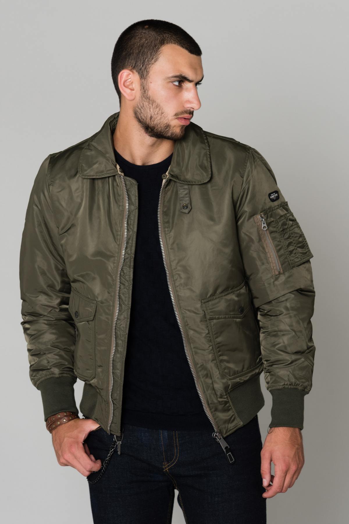 Khaki pilot jacket with synthetic fur collar - Image n°3